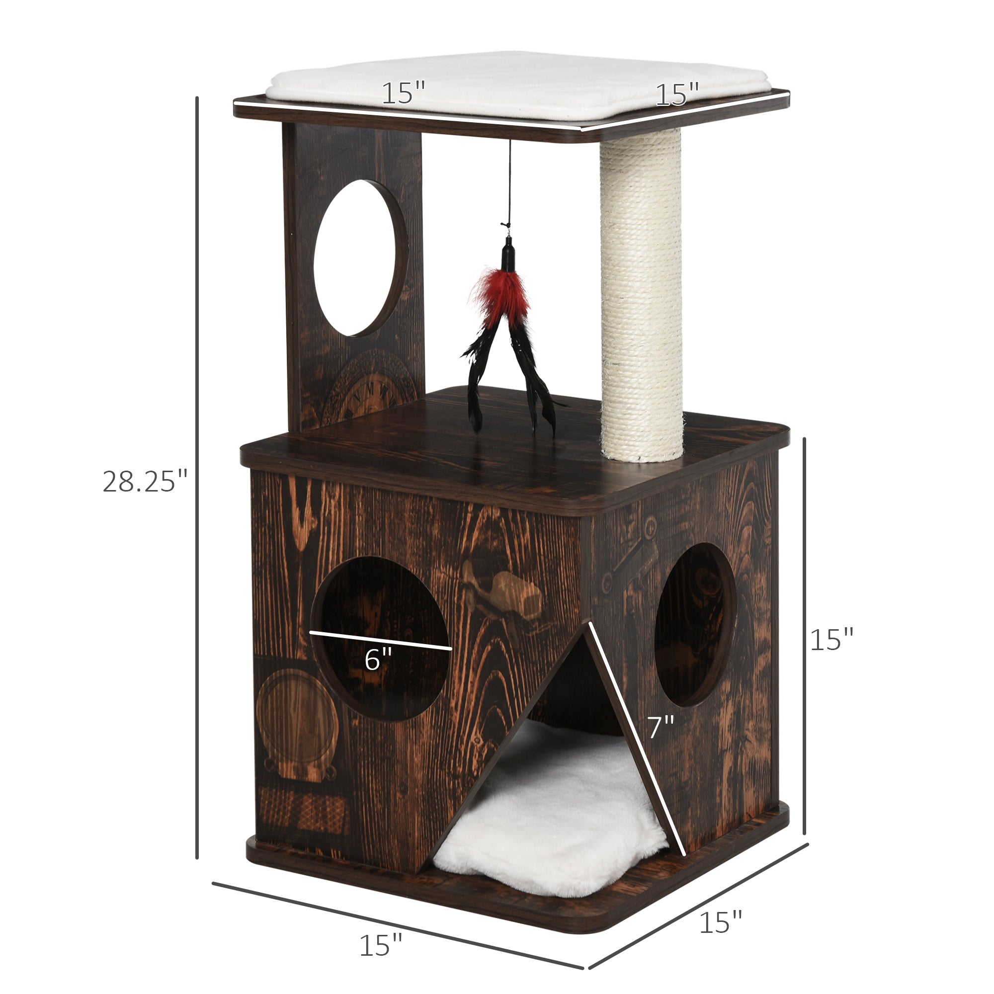 PawHut 2-Level Cat Tree Wooden Activity Tower for Pets with Super Soft Cushions, Fun Cat Feather Rope, and Scratch Posts