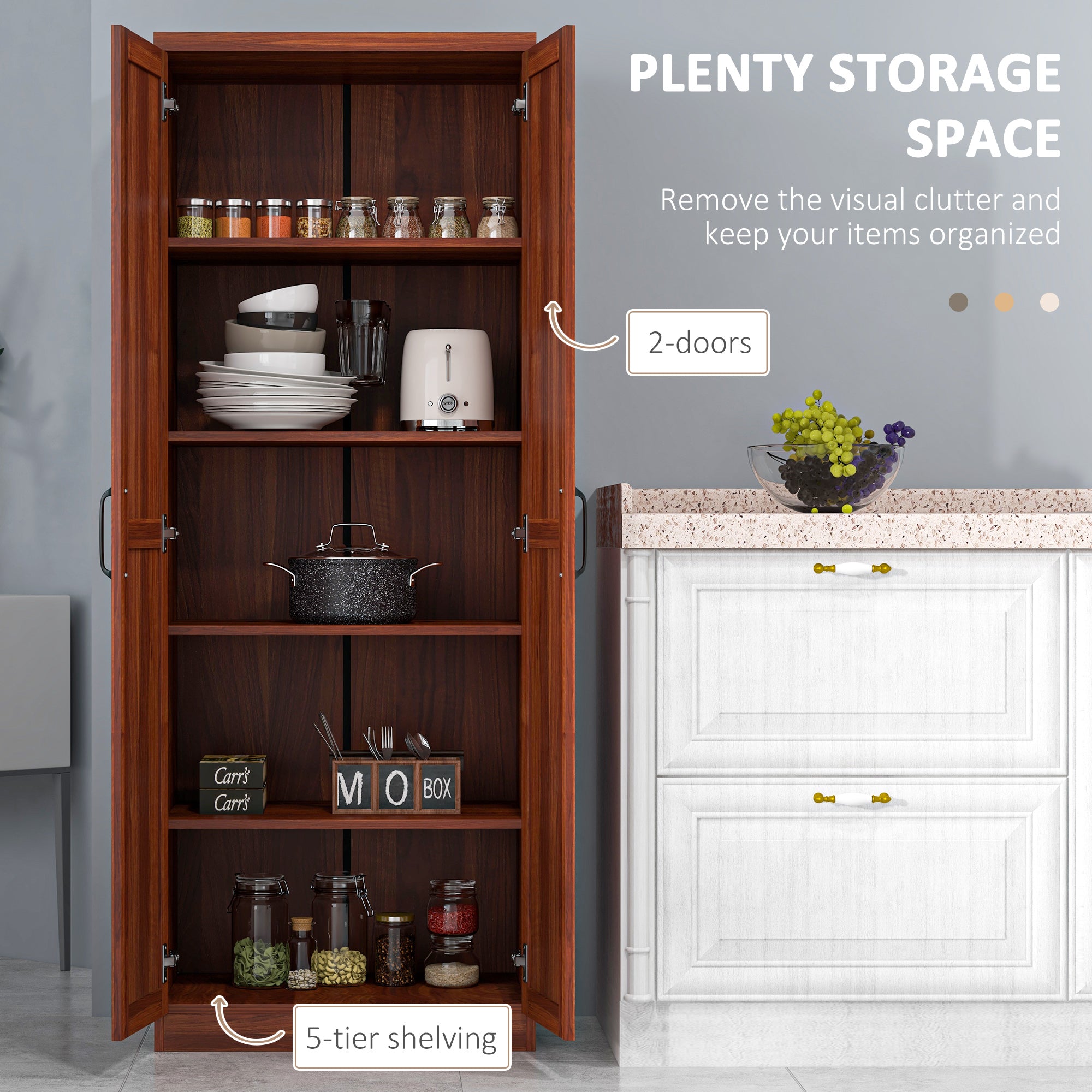 HOMCOM 63" Tall Kitchen Pantry, Freestanding Farmhouse Storage Cabinet with Doors and Adjustable Shelves, Tan