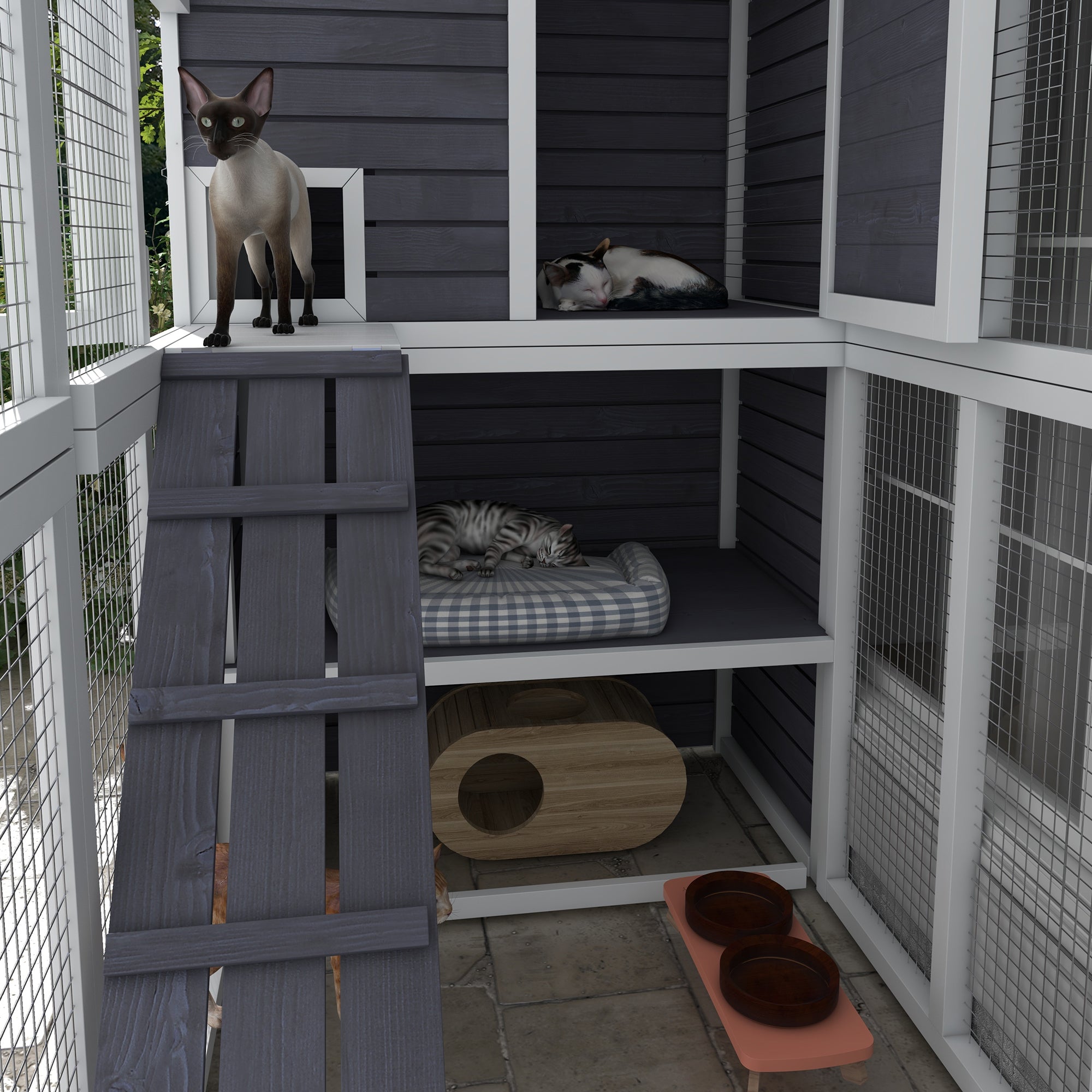 PawHut Catio Outdoor Cat Enclosure, Wooden Cat Patio Cat Window Box with Platforms, Waterproof Asphalt Roof, Ramps, 77" L, Light Gray