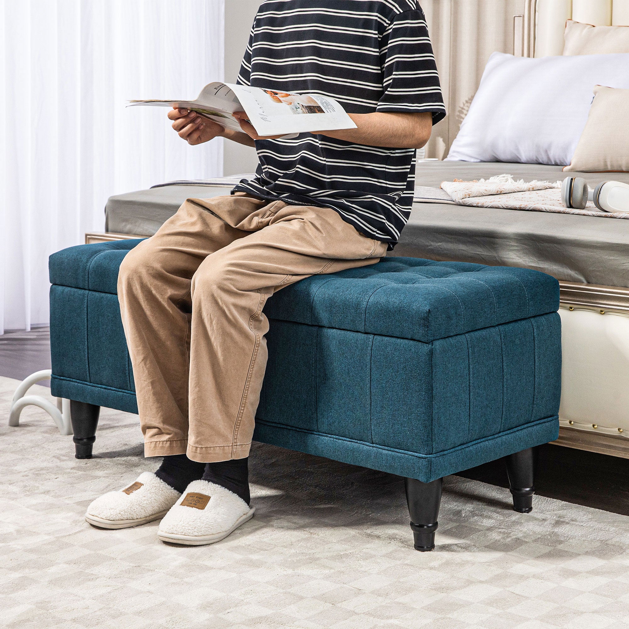 HOMCOM Storage Ottoman, Linen Fabric End of Bed Bench with Soft Close Lid, Button Tufted Storage Bench for Living Room, Entryway or Bedroom, 42" x 17" x 19", Blue