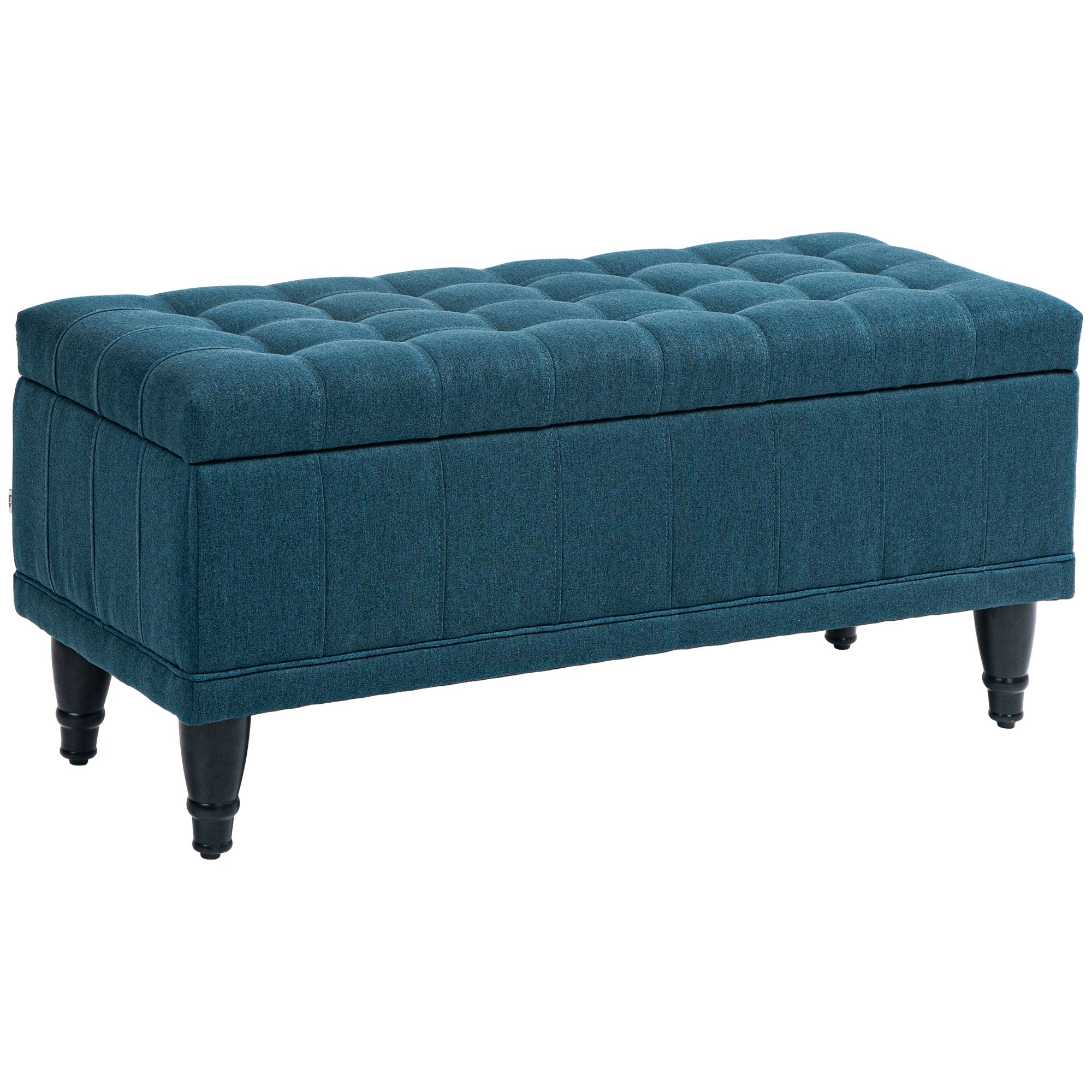 HOMCOM Storage Ottoman, Linen Fabric End of Bed Bench with Soft Close Lid, Button Tufted Storage Bench for Living Room, Entryway or Bedroom, 42" x 17" x 19", Blue