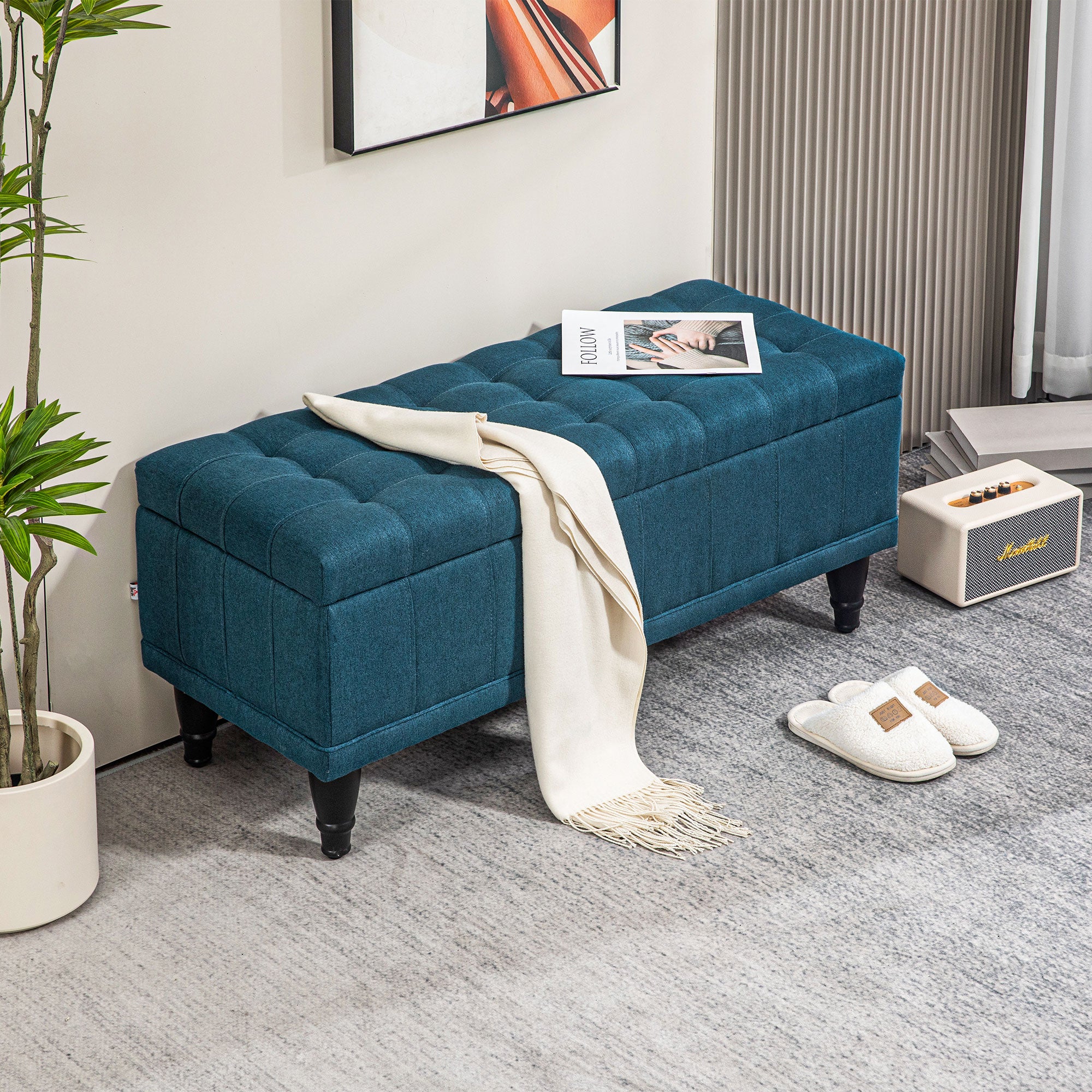 HOMCOM Storage Ottoman, Linen Fabric End of Bed Bench with Soft Close Lid, Button Tufted Storage Bench for Living Room, Entryway or Bedroom, 42" x 17" x 19", Blue