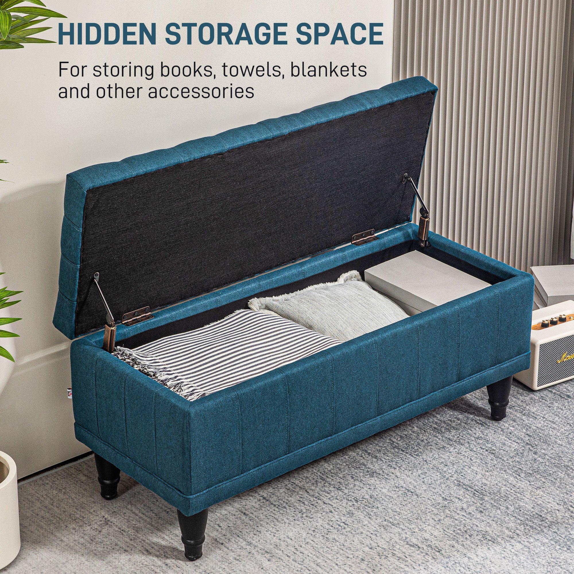 HOMCOM Storage Ottoman, Linen Fabric End of Bed Bench with Soft Close Lid, Button Tufted Storage Bench for Living Room, Entryway or Bedroom, 42