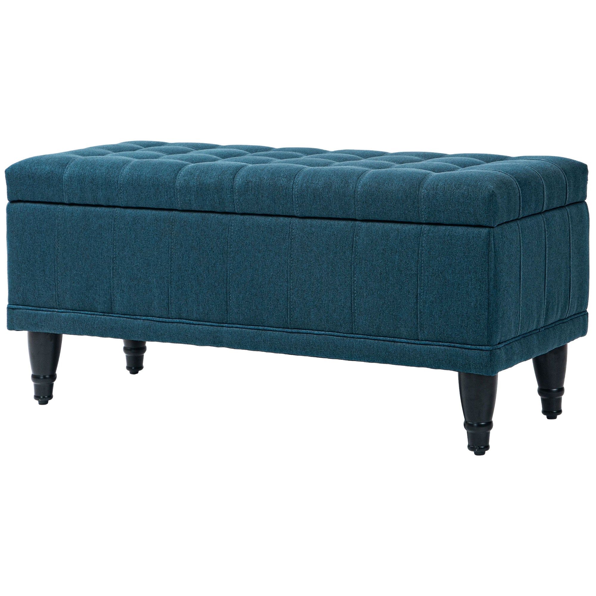 HOMCOM Storage Ottoman, Linen Fabric End of Bed Bench with Soft Close Lid, Button Tufted Storage Bench for Living Room, Entryway or Bedroom, 42" x 17" x 19", Blue