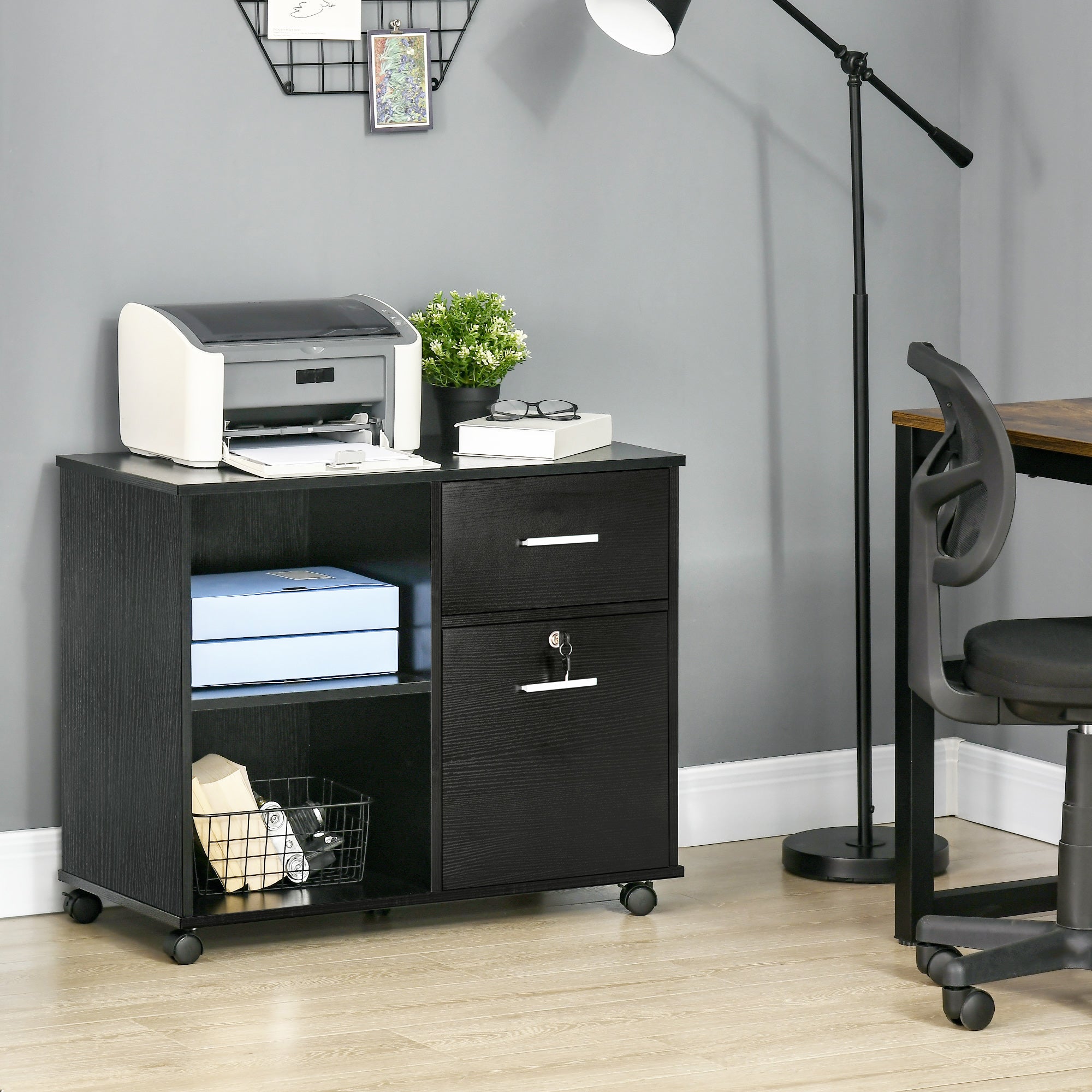 Vinsetto Lateral Filing Cabinet with Wheels, Locking File Cabinet, Mobile Printer Stand with Open Shelves and Drawers for A4 Size Documents, Black