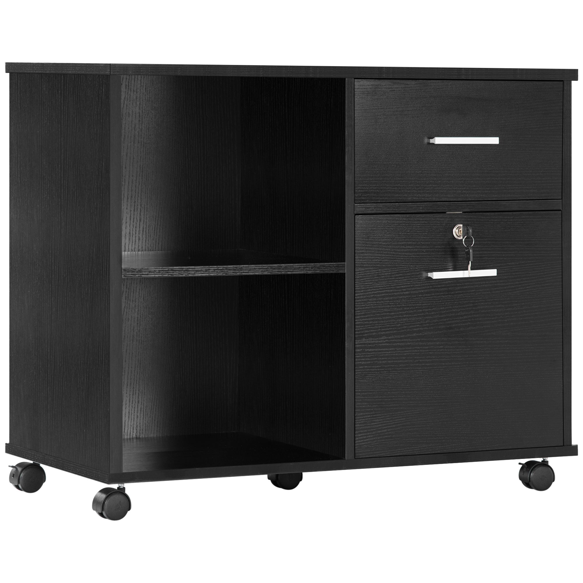 Vinsetto Lateral Filing Cabinet with Wheels, Locking File Cabinet, Mobile Printer Stand with Open Shelves and Drawers for A4 Size Documents, Black