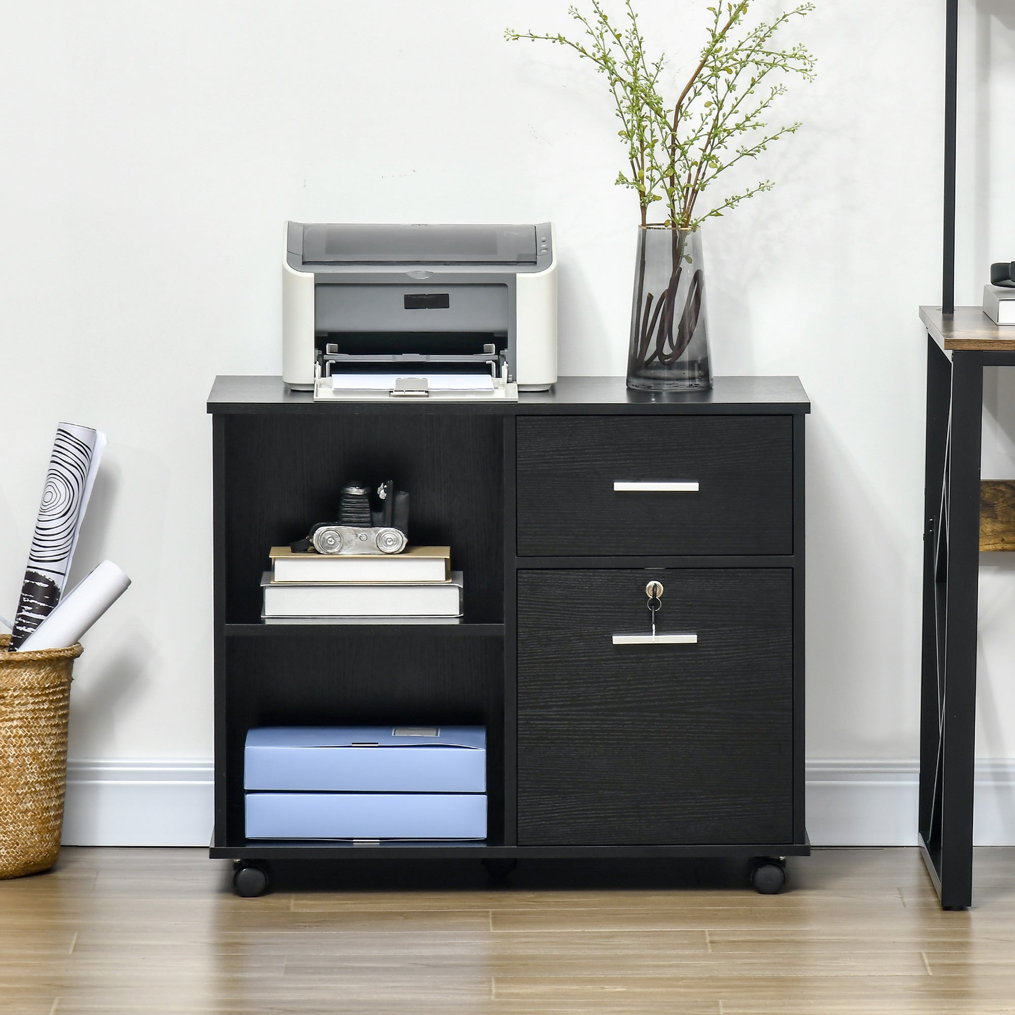Vinsetto Lateral Filing Cabinet with Wheels, Locking File Cabinet, Mobile Printer Stand with Open Shelves and Drawers for A4 Size Documents, Black