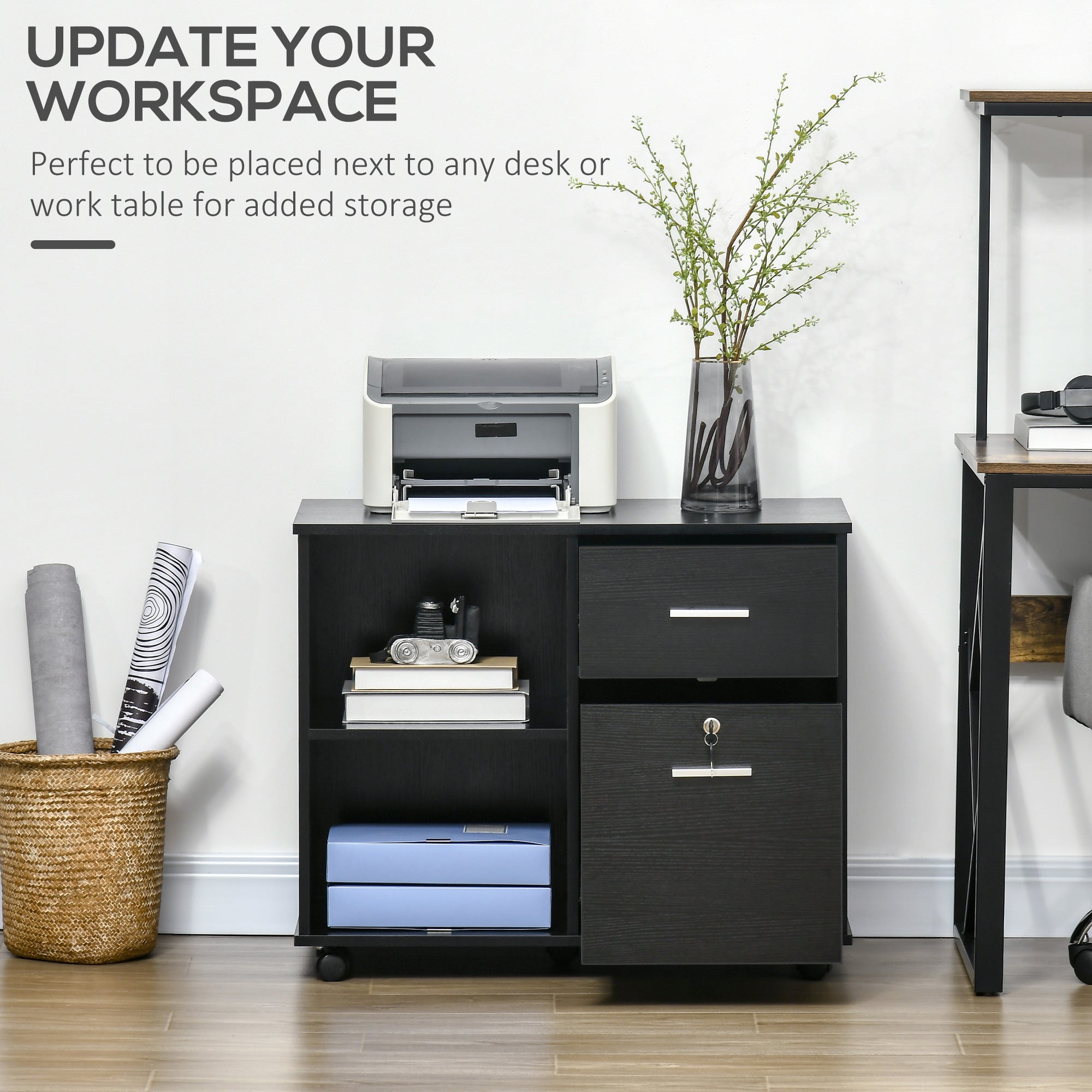 Vinsetto Lateral Filing Cabinet with Wheels, Locking File Cabinet, Mobile Printer Stand with Open Shelves and Drawers for A4 Size Documents, Black