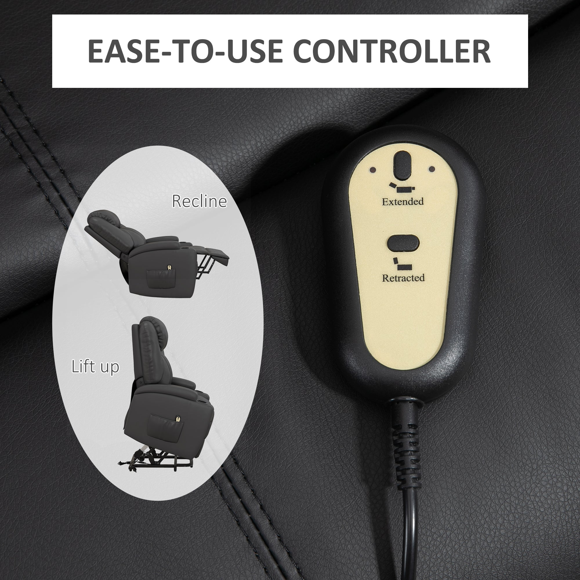 HOMCOM Power Lift Chair for Elderly, PU Leather Recliner Sofa Chair with Footrest, Remote Control, Side Pockets and Cup Holders, Grey