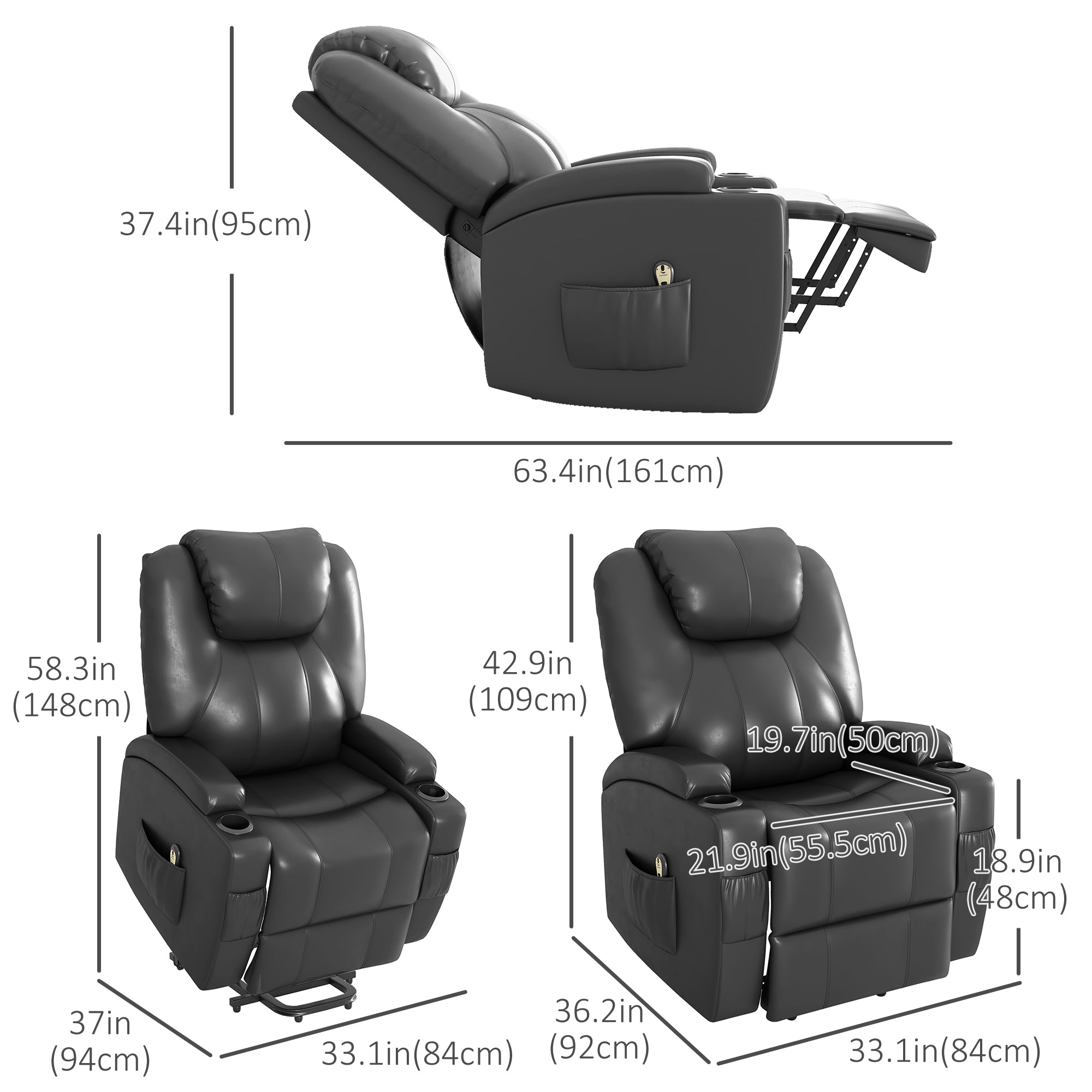 HOMCOM Power Lift Chair for Elderly, PU Leather Recliner Sofa Chair with Footrest, Remote Control, Side Pockets and Cup Holders, Grey