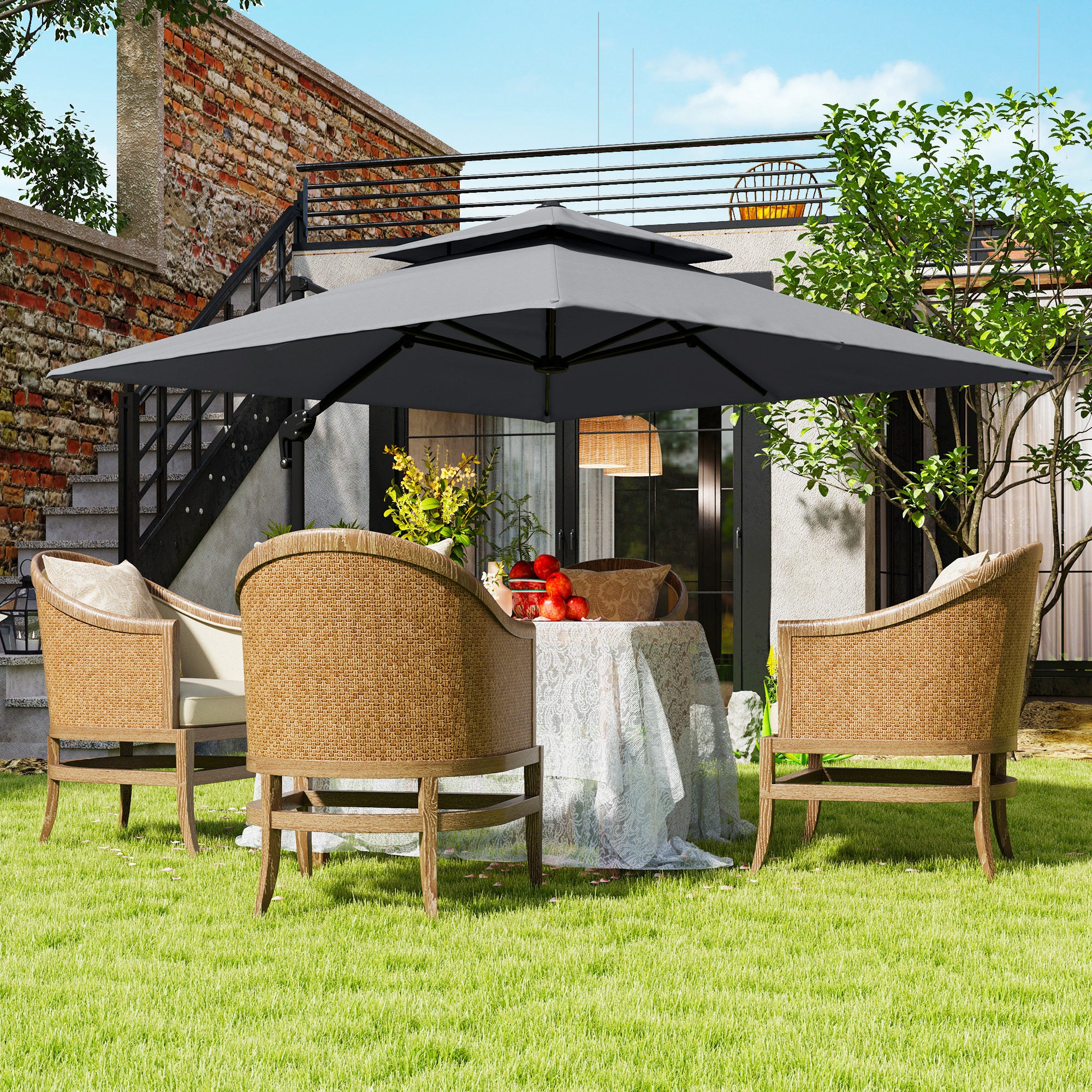 Outsunny 10' x 10' Cantilever Patio Umbrella, Double Top Square Offset Umbrella with 360° Rotation, 5 Adjustable Tilt Angles, Umbrella Cover, Aluminum Pole and Ribs, Light Grey