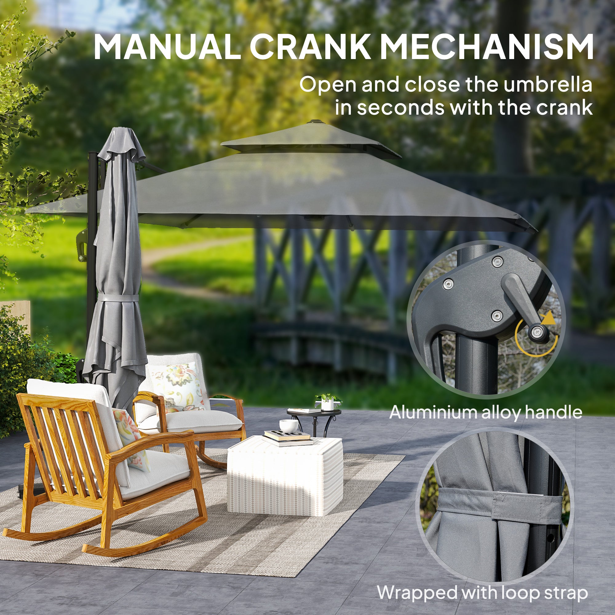 Outsunny 10' x 10' Cantilever Patio Umbrella, Double Top Square Offset Umbrella with 360° Rotation, 5 Adjustable Tilt Angles, Umbrella Cover, Aluminum Pole and Ribs, Light Grey