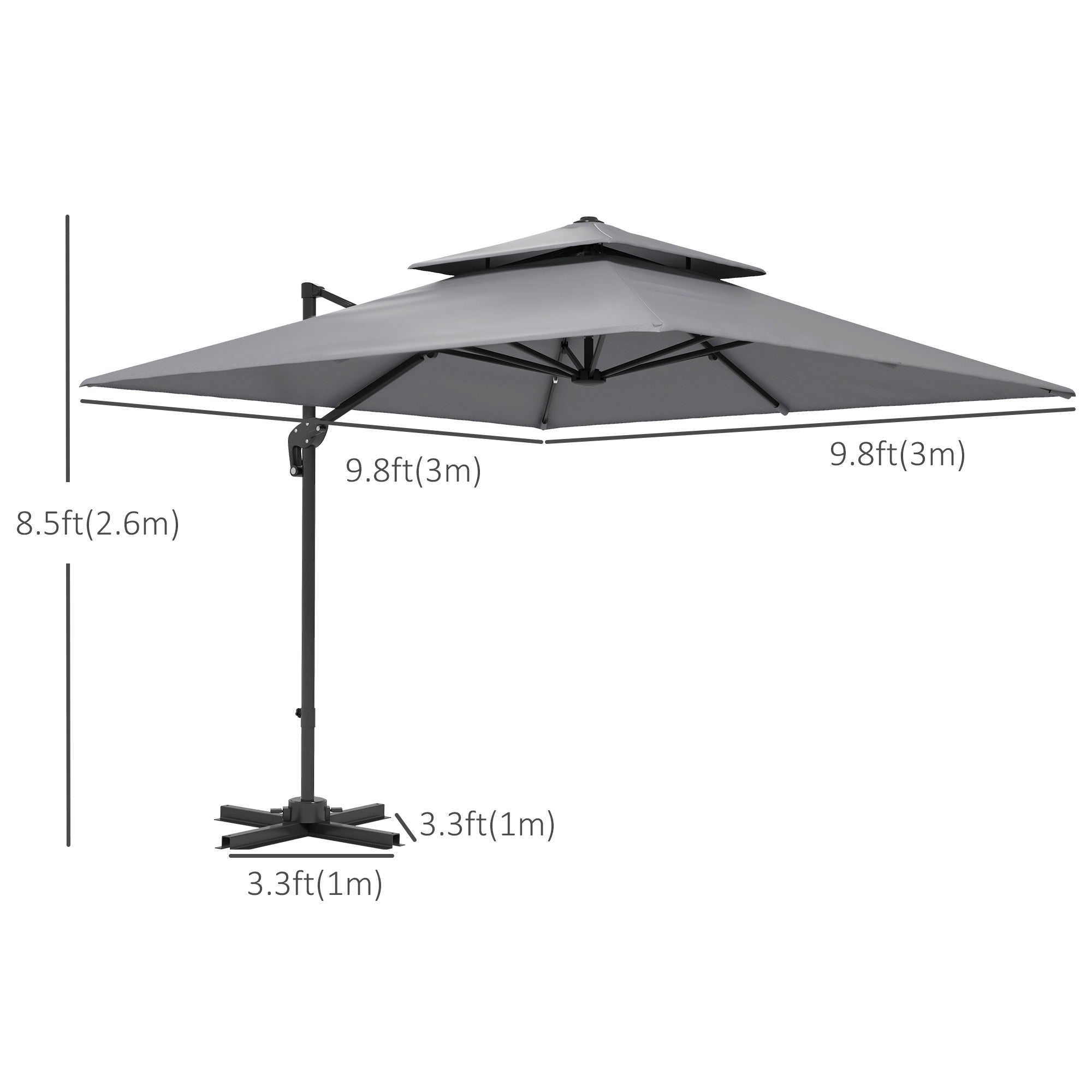 Outsunny 10' x 10' Cantilever Patio Umbrella, Double Top Square Offset Umbrella with 360° Rotation, 5 Adjustable Tilt Angles, Umbrella Cover, Aluminum Pole and Ribs, Light Grey