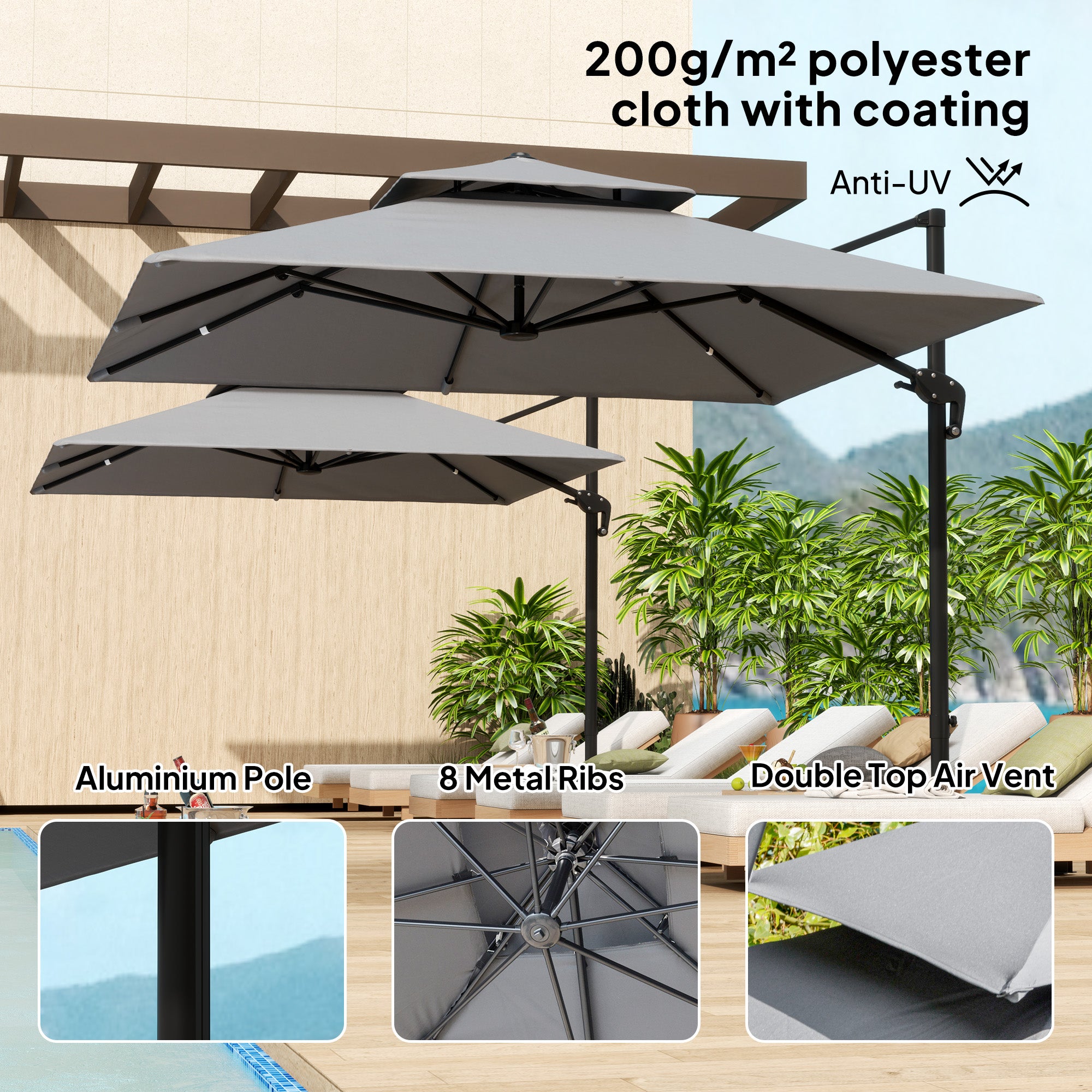 Outsunny 10' x 10' Cantilever Patio Umbrella, Double Top Square Offset Umbrella with 360° Rotation, 5 Adjustable Tilt Angles, Umbrella Cover, Aluminum Pole and Ribs, Light Grey