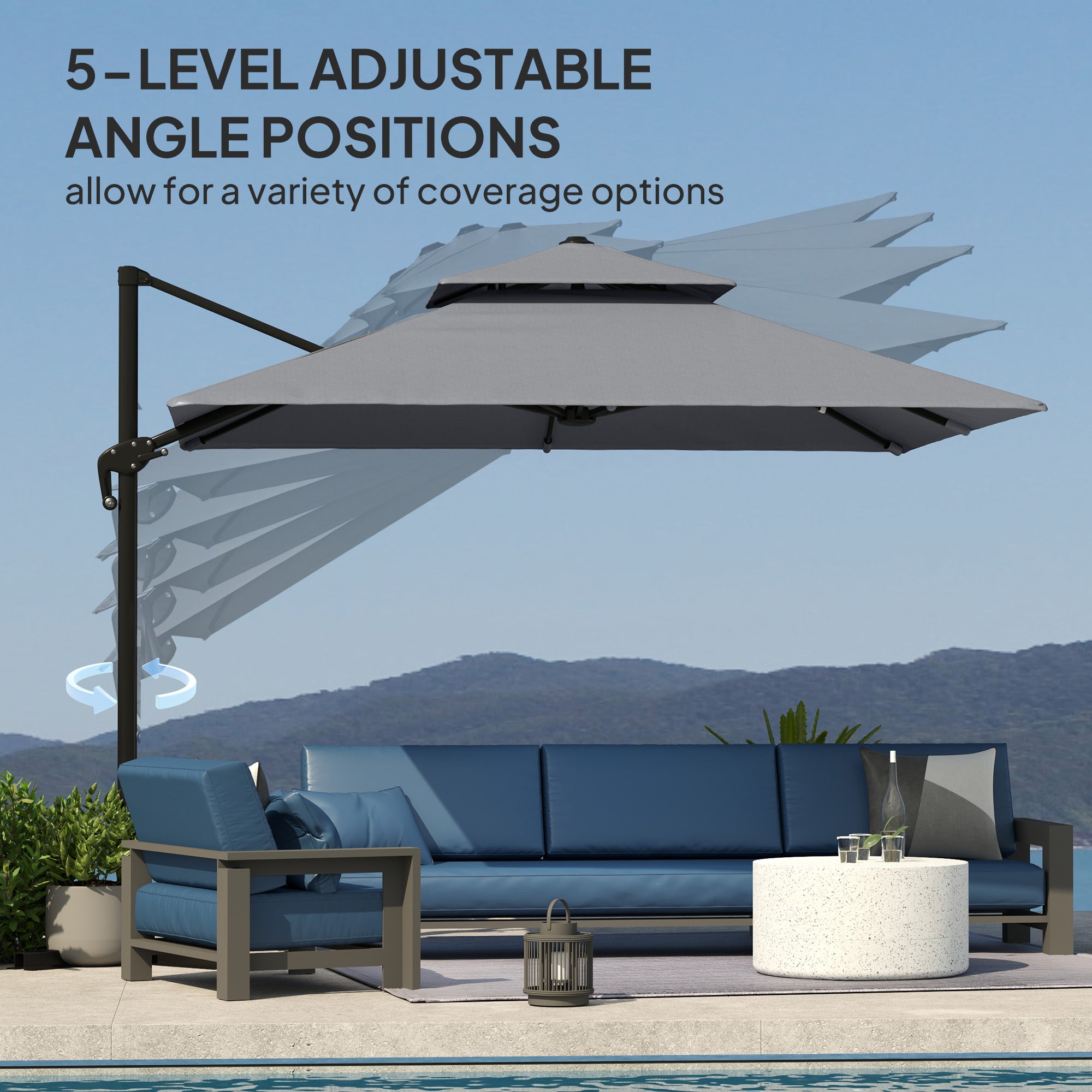 Outsunny 10' x 10' Cantilever Patio Umbrella, Double Top Square Offset Umbrella with 360° Rotation, 5 Adjustable Tilt Angles, Umbrella Cover, Aluminum Pole and Ribs, Light Grey
