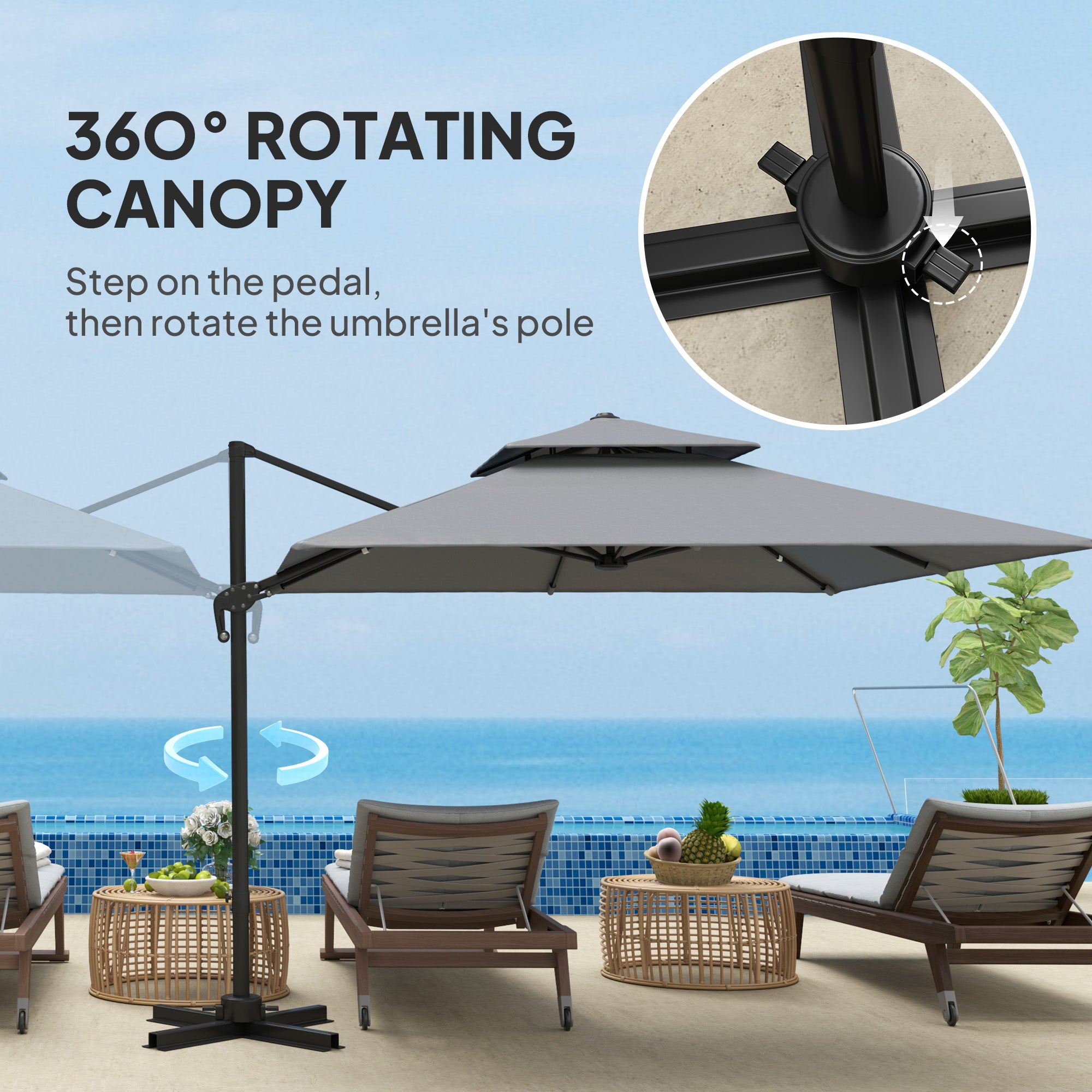 Outsunny 10' x 10' Cantilever Patio Umbrella, Double Top Square Offset Umbrella with 360° Rotation, 5 Adjustable Tilt Angles, Umbrella Cover, Aluminum Pole and Ribs, Light Grey
