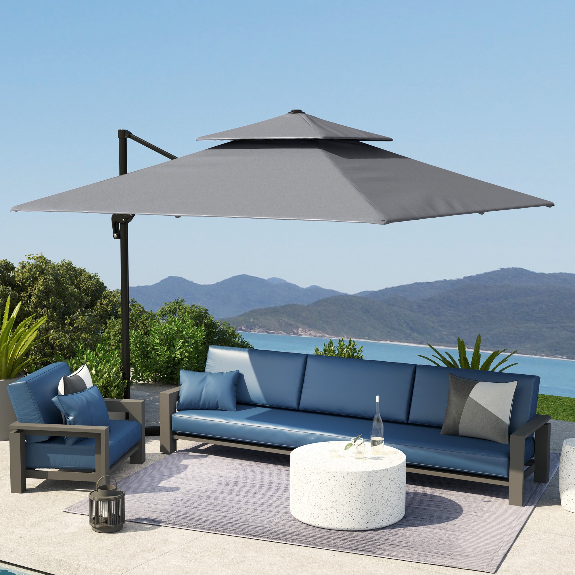 Outsunny 10' x 10' Cantilever Patio Umbrella, Double Top Square Offset Umbrella with 360° Rotation, 5 Adjustable Tilt Angles, Umbrella Cover, Aluminum Pole and Ribs, Light Grey