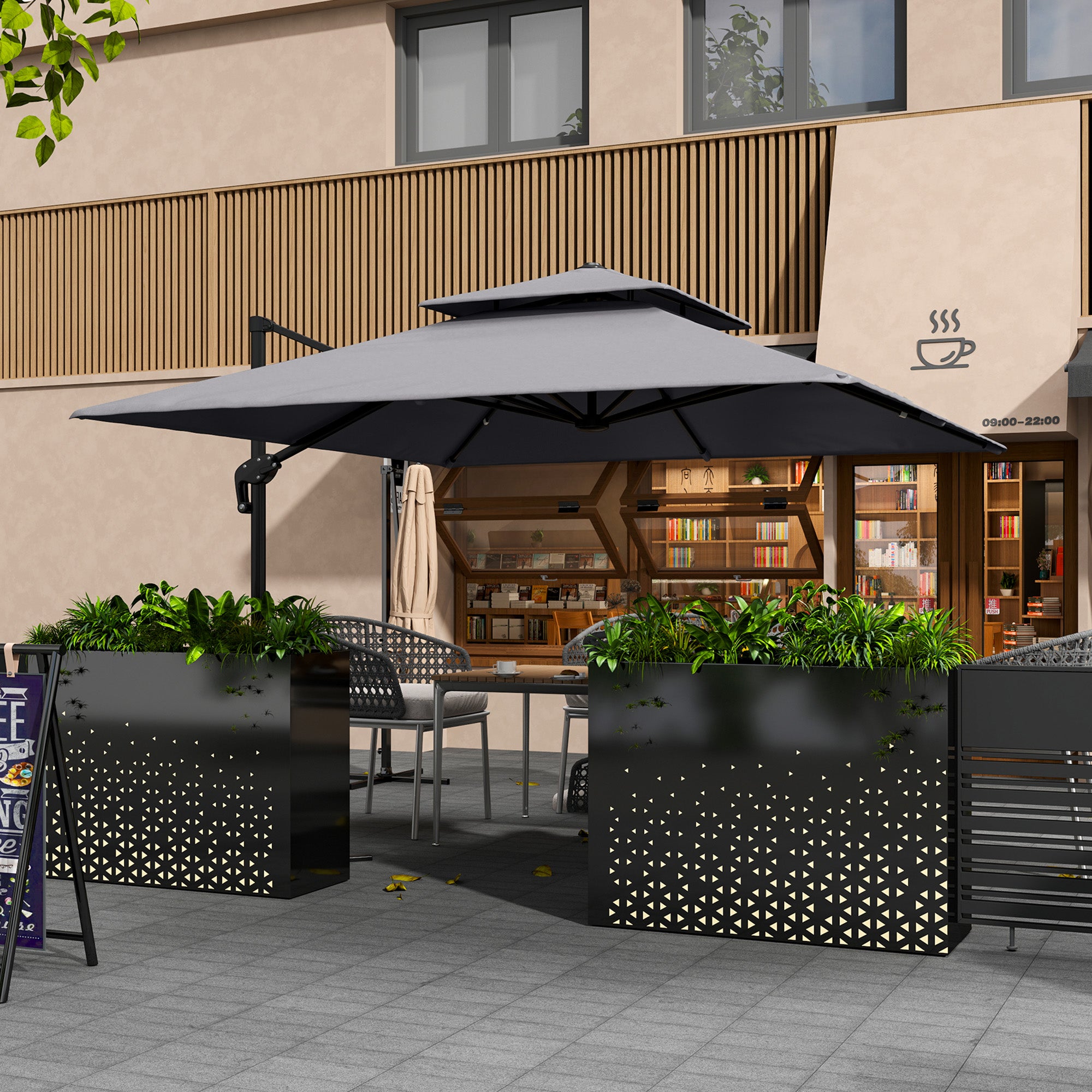 Outsunny 10' x 10' Cantilever Patio Umbrella, Double Top Square Offset Umbrella with 360° Rotation, 5 Adjustable Tilt Angles, Umbrella Cover, Aluminum Pole and Ribs, Light Grey