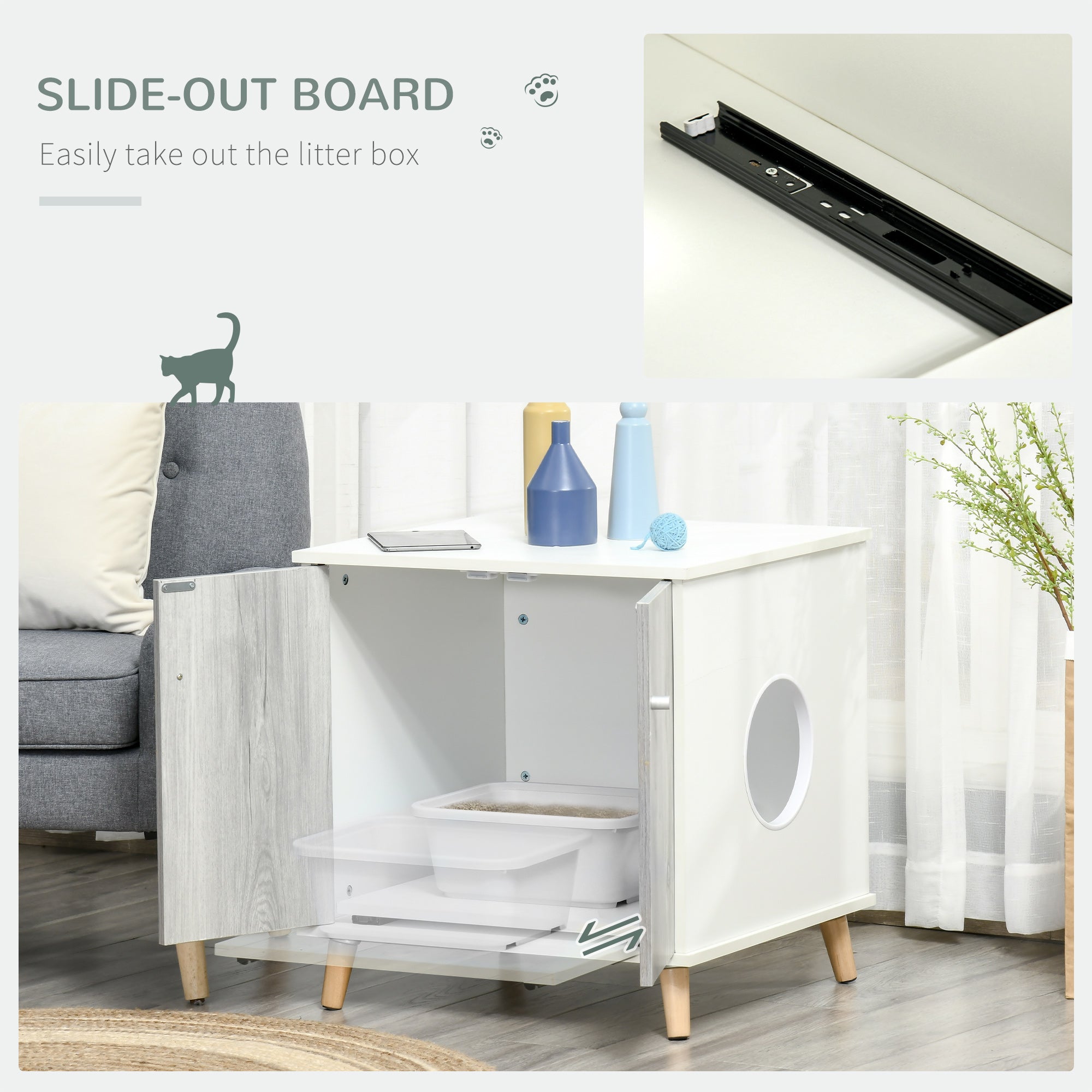 PawHut Cat Litter Box Enclosure Washroom Cave House Decorative End Table Wooden Cabinet Indoor with Magnetic Door Slide-out Board White