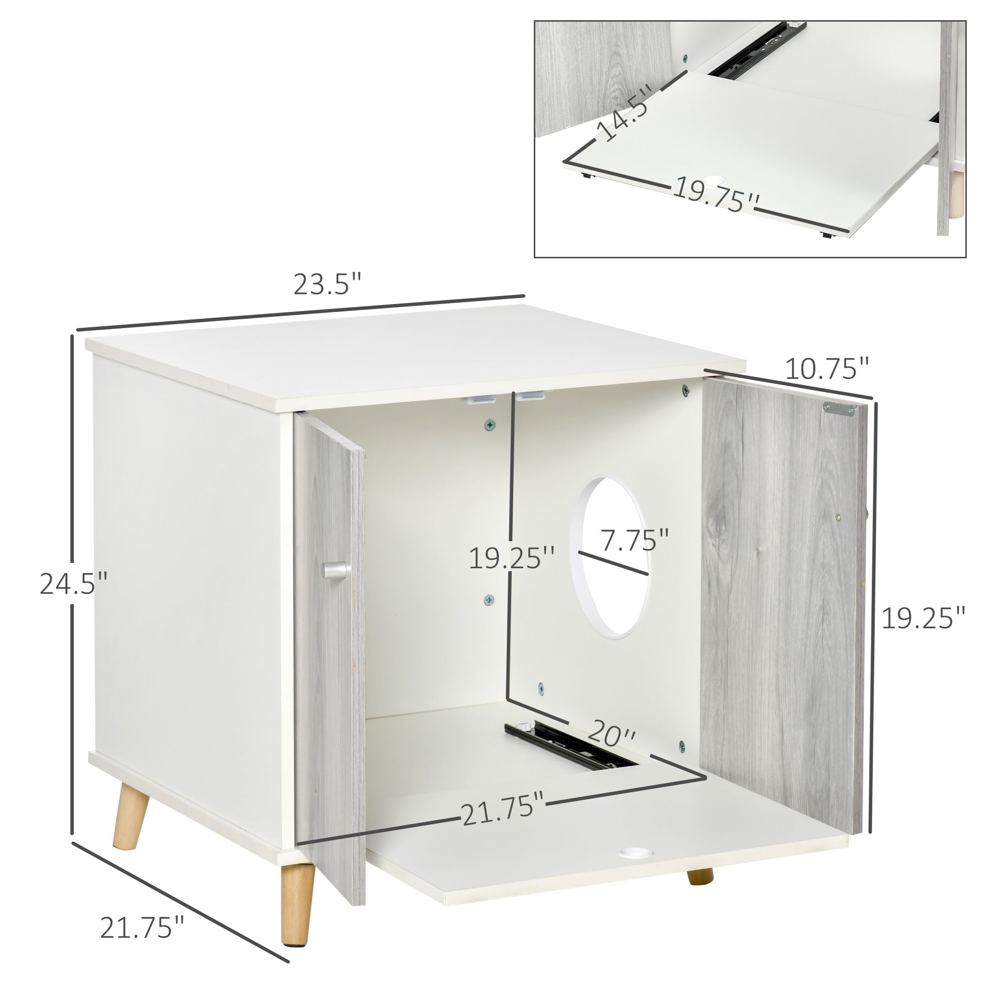 PawHut Cat Litter Box Enclosure Washroom Cave House Decorative End Table Wooden Cabinet Indoor with Magnetic Door Slide-out Board White