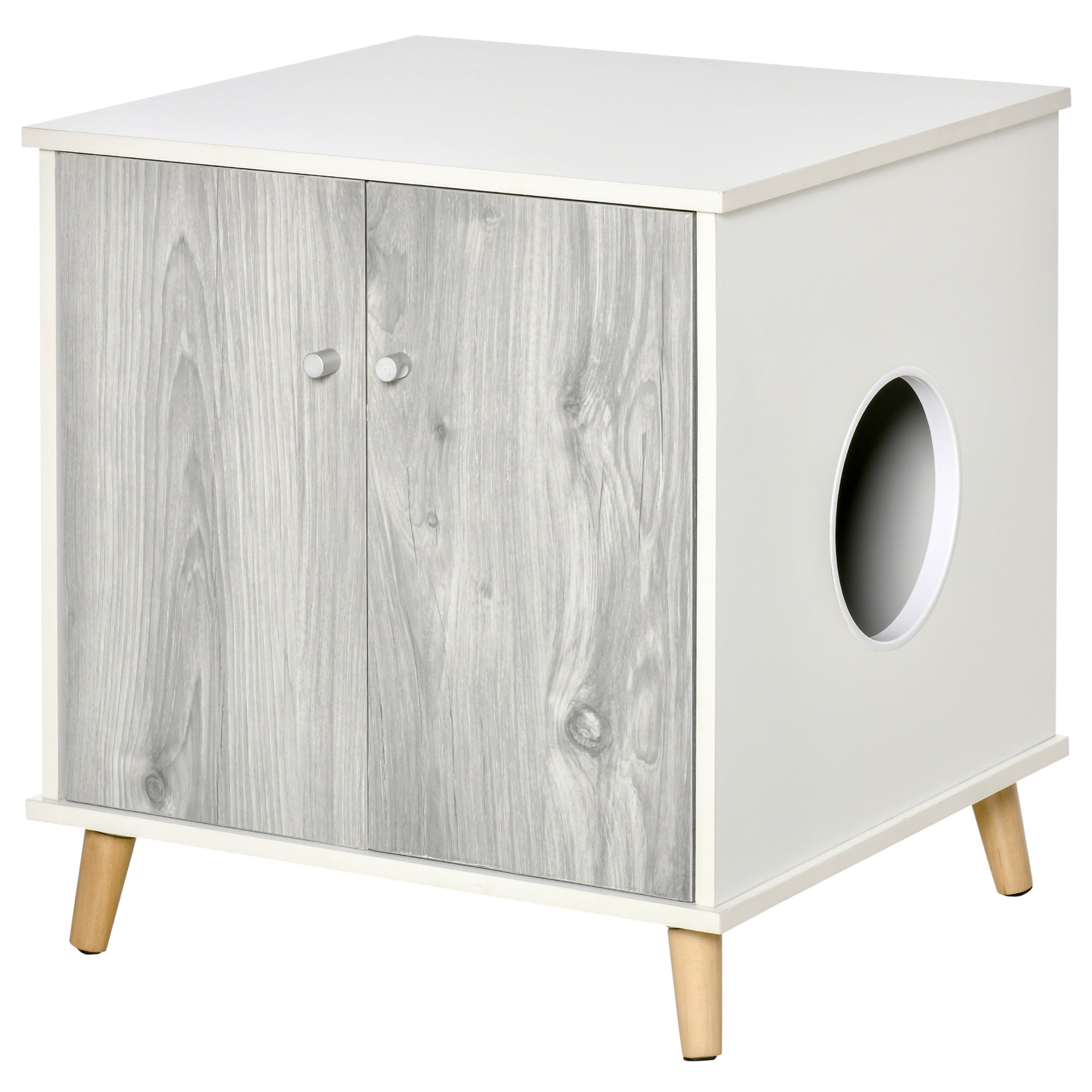 PawHut Cat Litter Box Enclosure Washroom Cave House Decorative End Table Wooden Cabinet Indoor with Magnetic Door Slide-out Board White