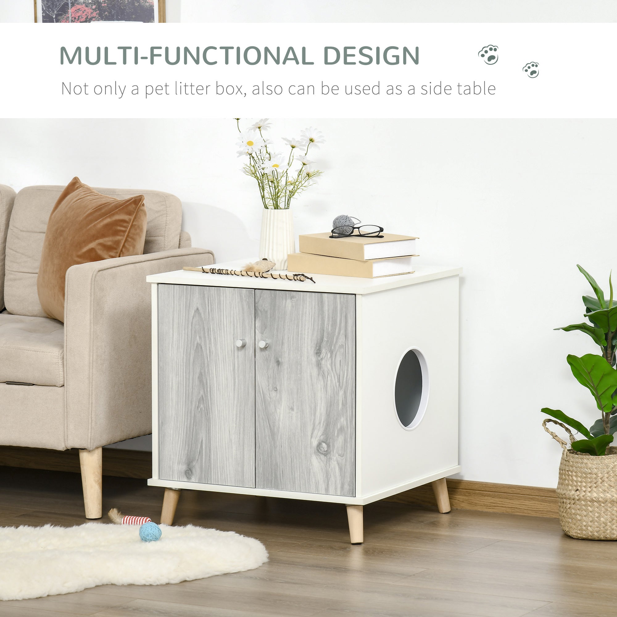 PawHut Cat Litter Box Enclosure Washroom Cave House Decorative End Table Wooden Cabinet Indoor with Magnetic Door Slide-out Board White