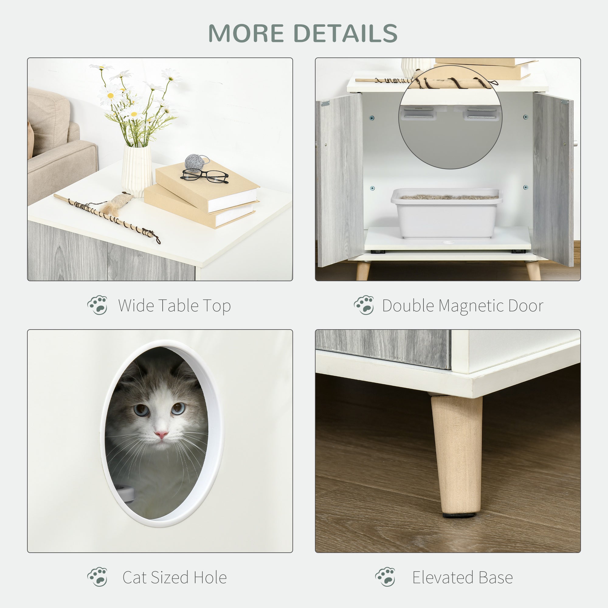 PawHut Cat Litter Box Enclosure Washroom Cave House Decorative End Table Wooden Cabinet Indoor with Magnetic Door Slide-out Board White