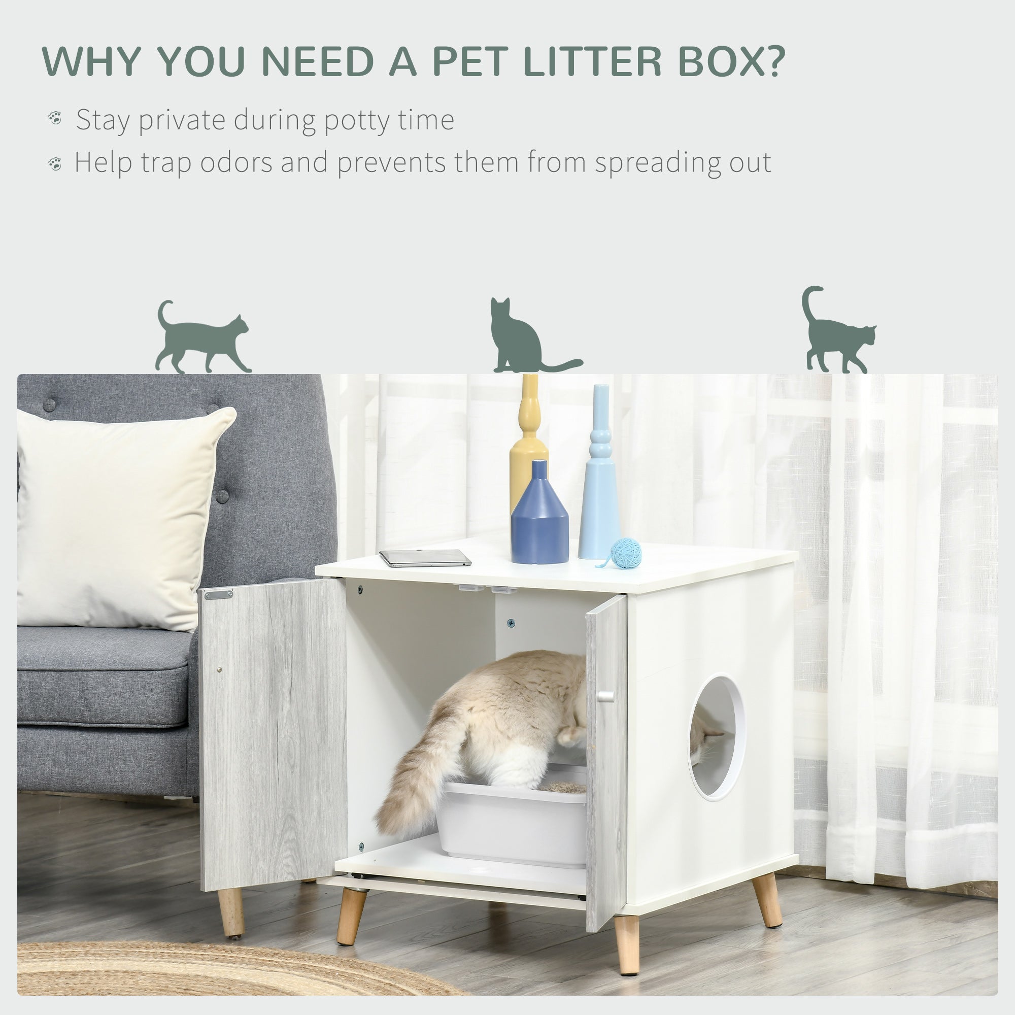 PawHut Cat Litter Box Enclosure Washroom Cave House Decorative End Table Wooden Cabinet Indoor with Magnetic Door Slide-out Board White