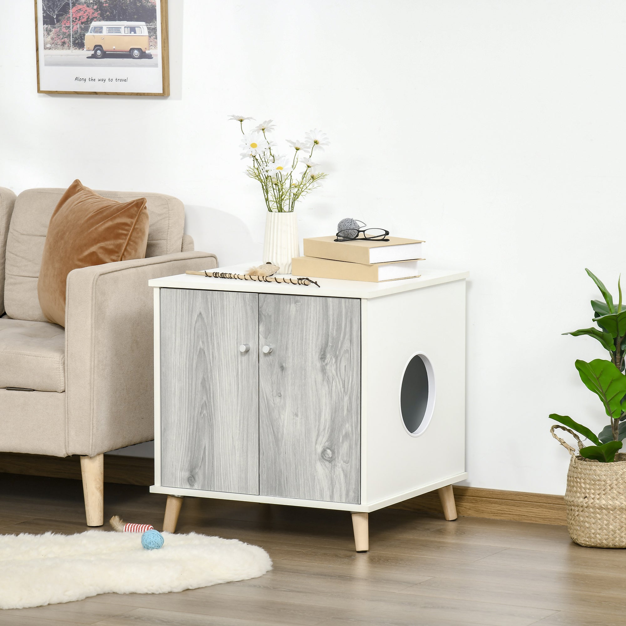 PawHut Cat Litter Box Enclosure Washroom Cave House Decorative End Table Wooden Cabinet Indoor with Magnetic Door Slide-out Board White