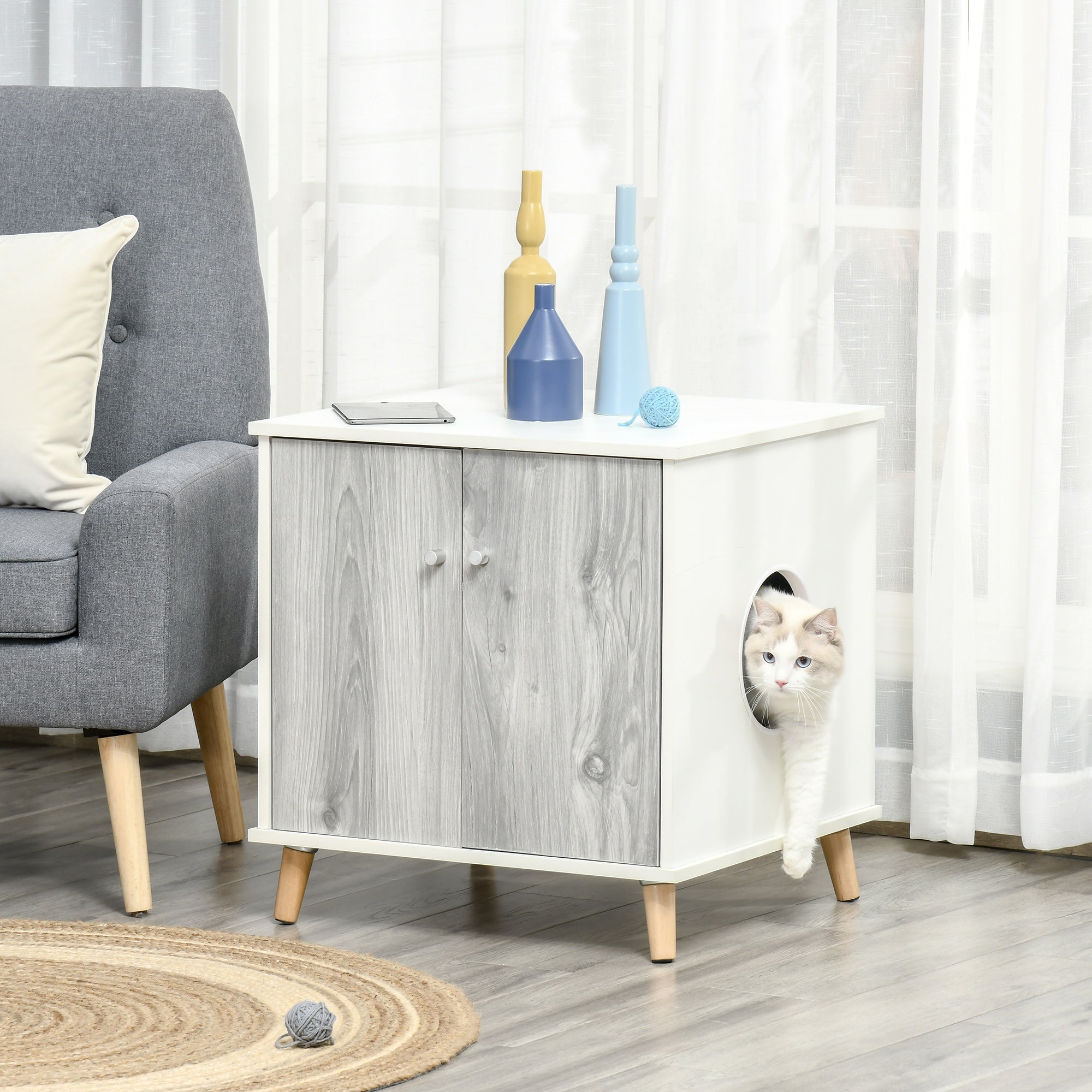 PawHut Cat Litter Box Enclosure Washroom Cave House Decorative End Table Wooden Cabinet Indoor with Magnetic Door Slide-out Board White