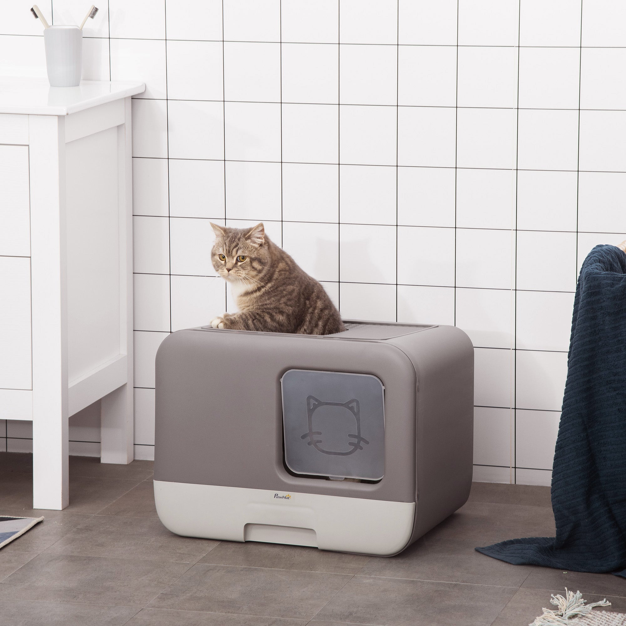 PawHut Cat Litter Box Portable Pet Toilet Enclosed Kitten Pan w/ Scoop, Purple