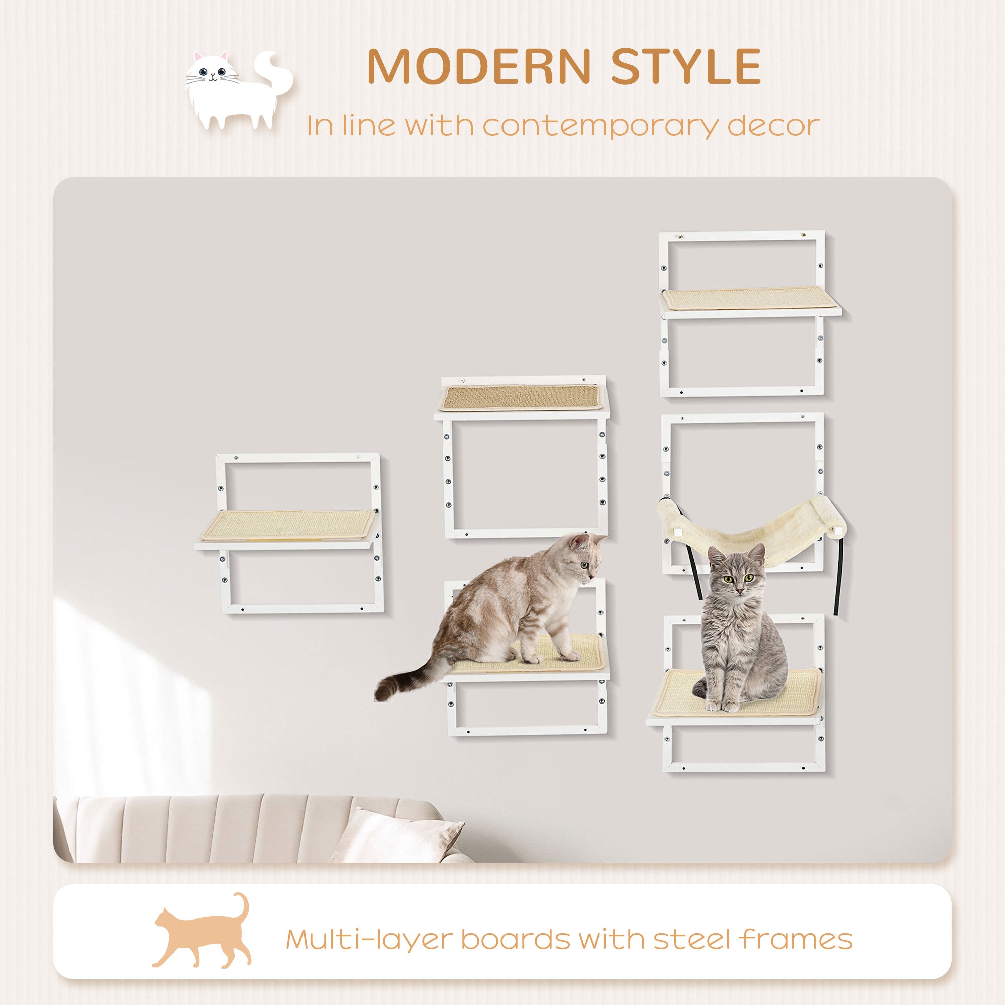PawHut Cat Shelves for Indoor Cats, 6Pc Modern Cat Wall Furniture with Adjustable Height Jumping Platforms & Hammock, Cream White