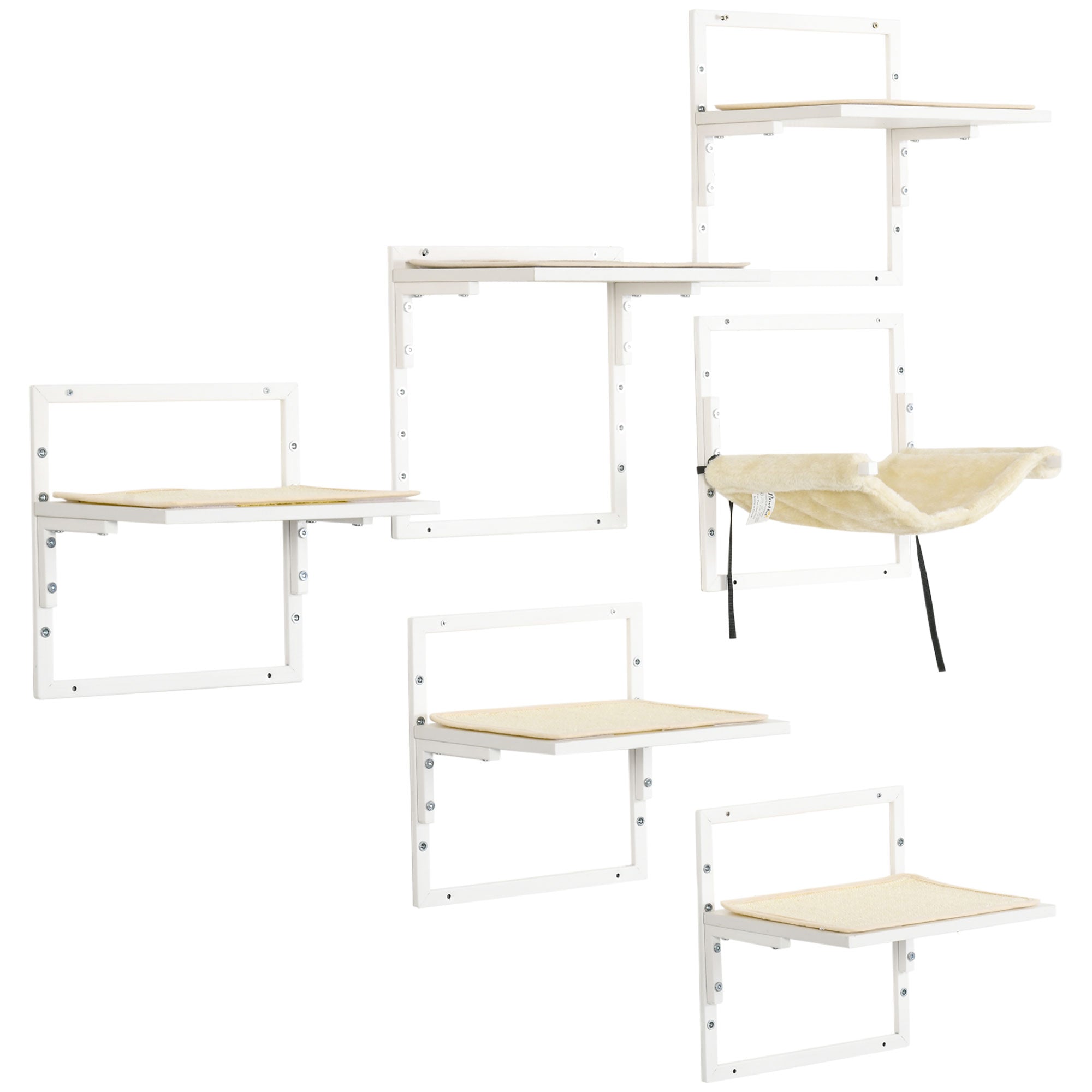 PawHut Cat Shelves for Indoor Cats, 6Pc Modern Cat Wall Furniture with Adjustable Height Jumping Platforms & Hammock, Cream White
