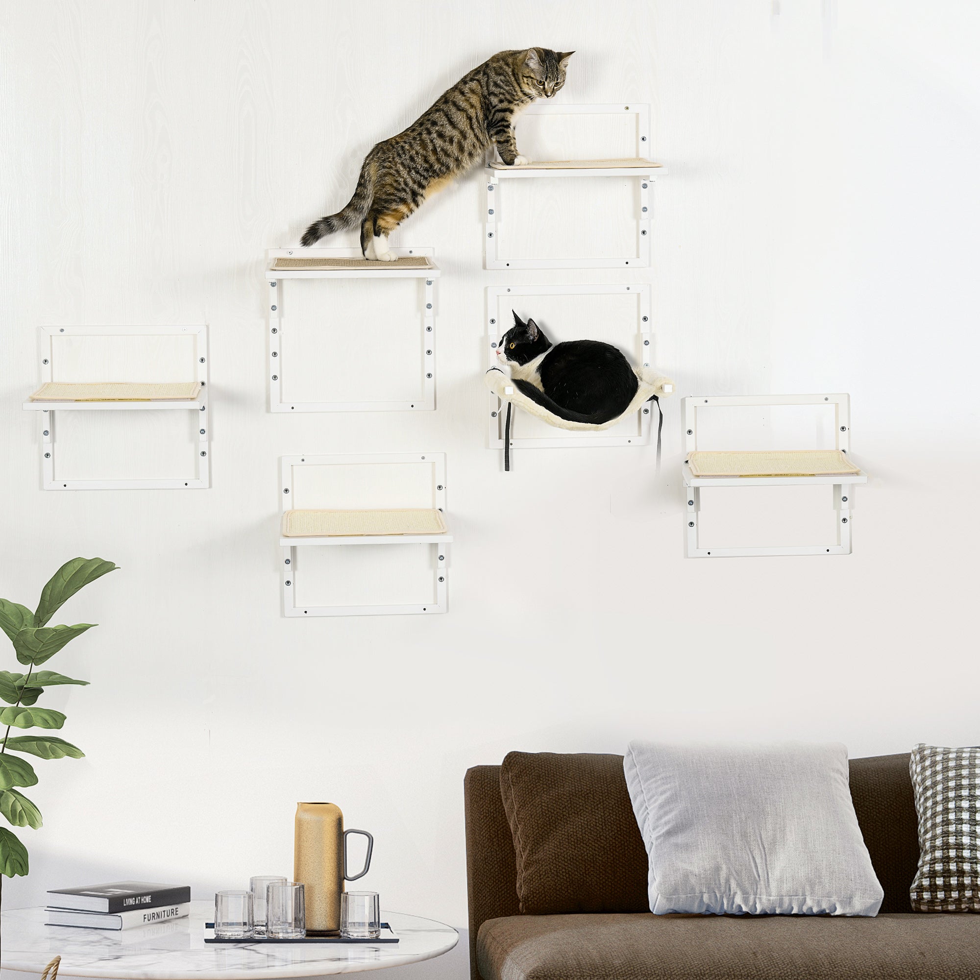 PawHut Cat Shelves for Indoor Cats, 6Pc Modern Cat Wall Furniture with Adjustable Height Jumping Platforms & Hammock, Cream White