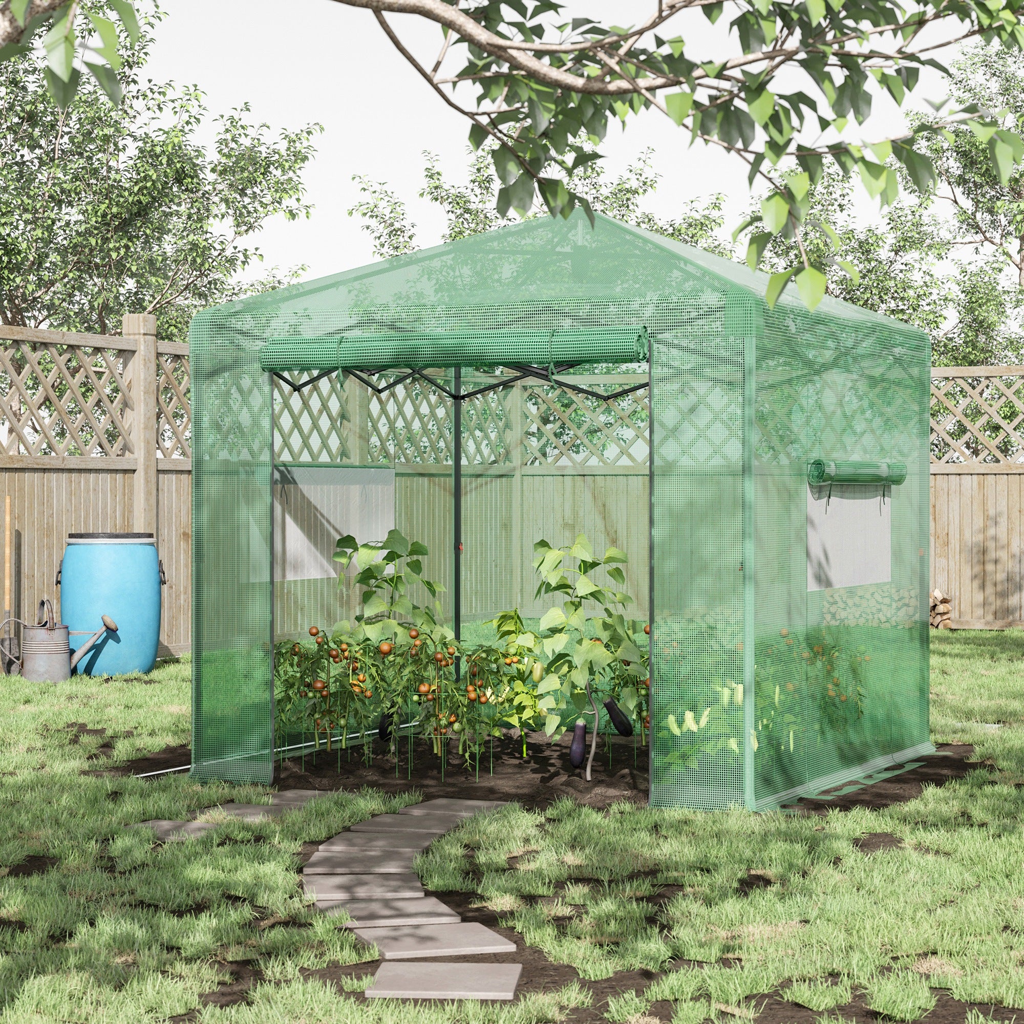 Outsunny 8' x 6' Portable Pop Up Greenhouse, Outdoor Walk-in Hot House with Roll-up Door & 2 Windows, Foldable Garden Green House for Plants Herbs Vegetables, Green