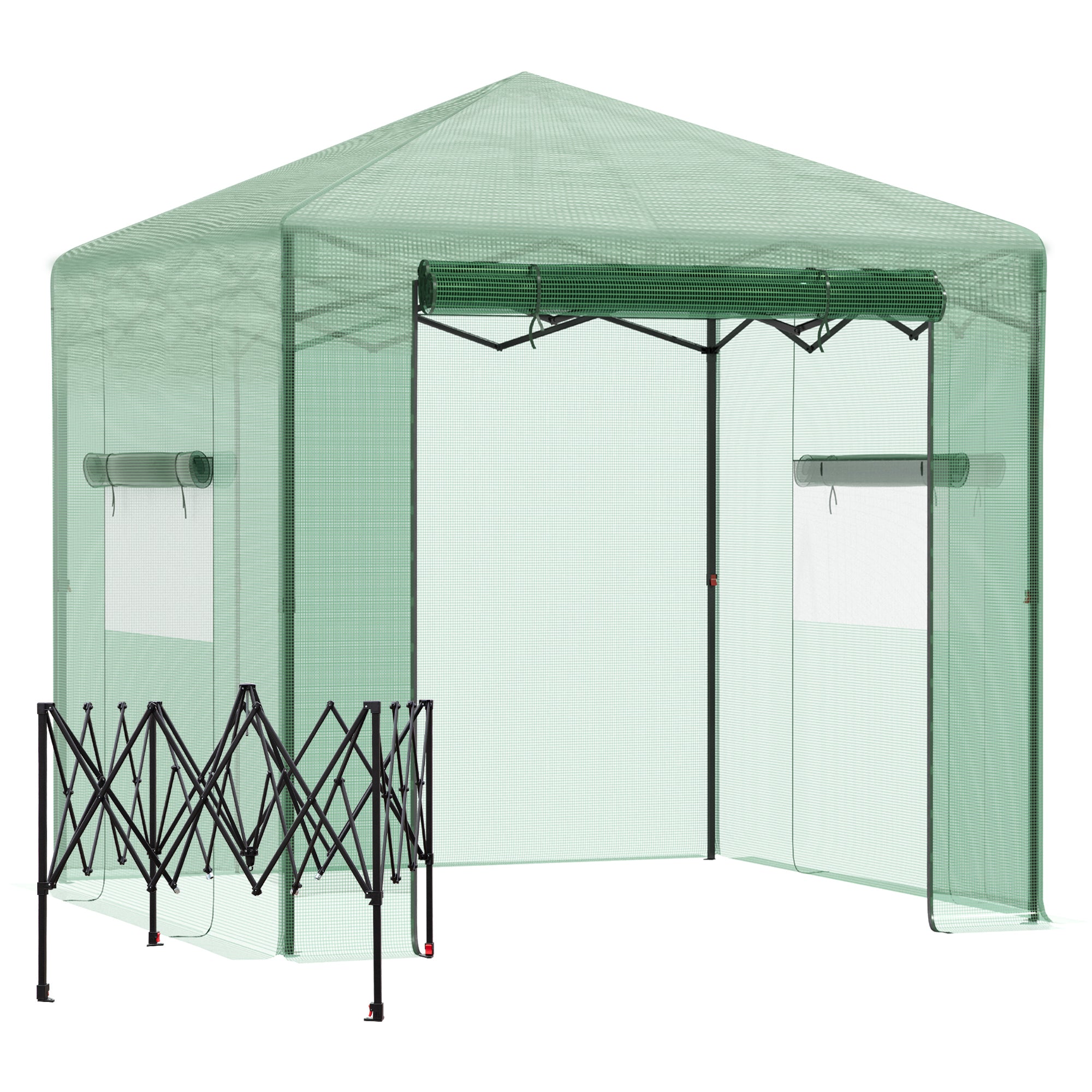 Outsunny 8' x 6' Portable Pop Up Greenhouse, Outdoor Walk-in Hot House with Roll-up Door & 2 Windows, Foldable Garden Green House for Plants Herbs Vegetables, Green