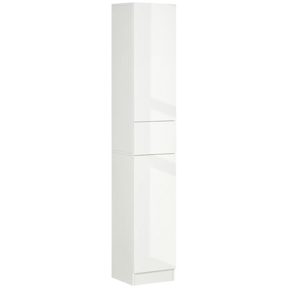 kleankin Tall Bathroom Storage Cabinet, Narrow Bathroom Cabinet with Doors, Drawer and Adjustable Shelves for Small Spaces, High Gloss White