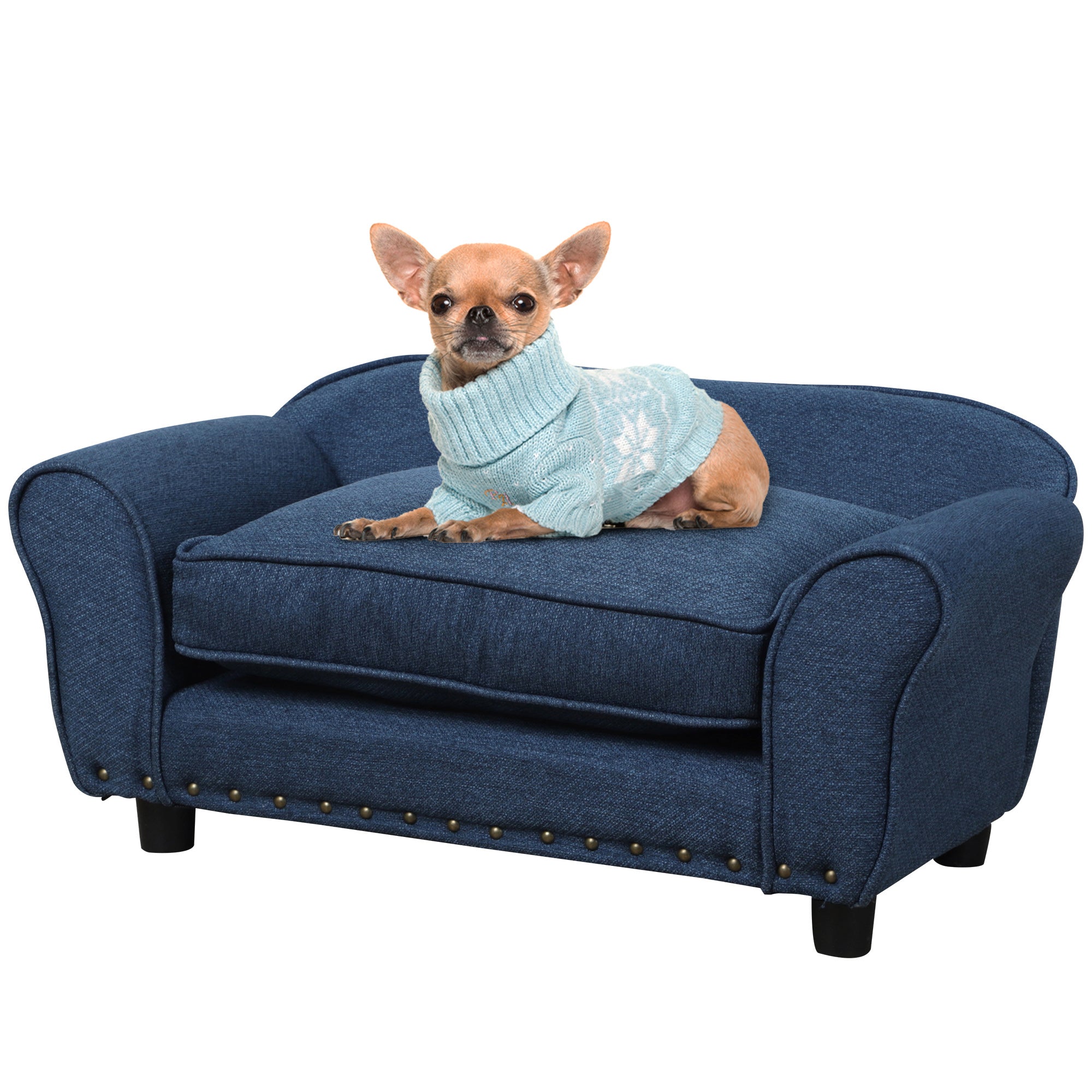 PawHut Dog Sofa for XS and S Size Dogs, Pet Chair Couch with Thick Sponge Padded Cushion, Kitten Lounge Bed with Washable Cover, Wooden Frame - Blue