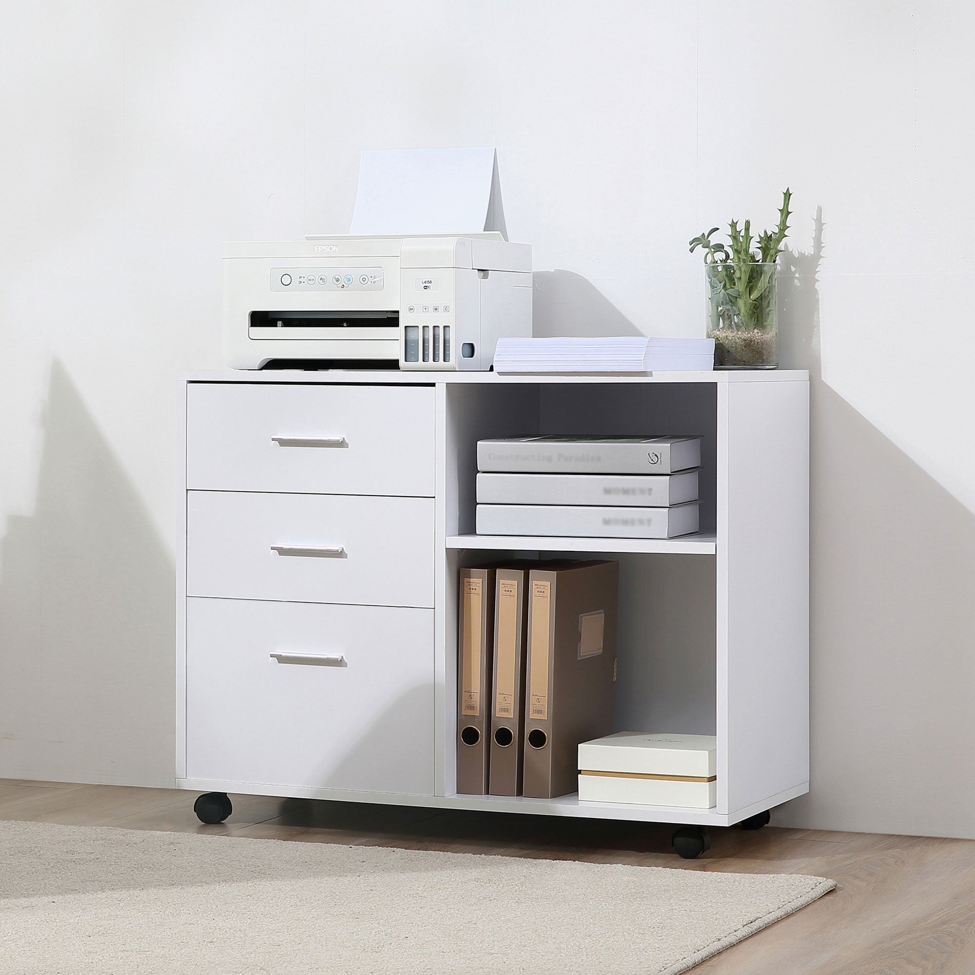 HOMCOM Modern Lateral Filing Cabinet, 3 Drawer File Cabinet for Letter and A4 Size Documents, Mobile, Printer Stand with Open Shelves, Rolling Wheels, White