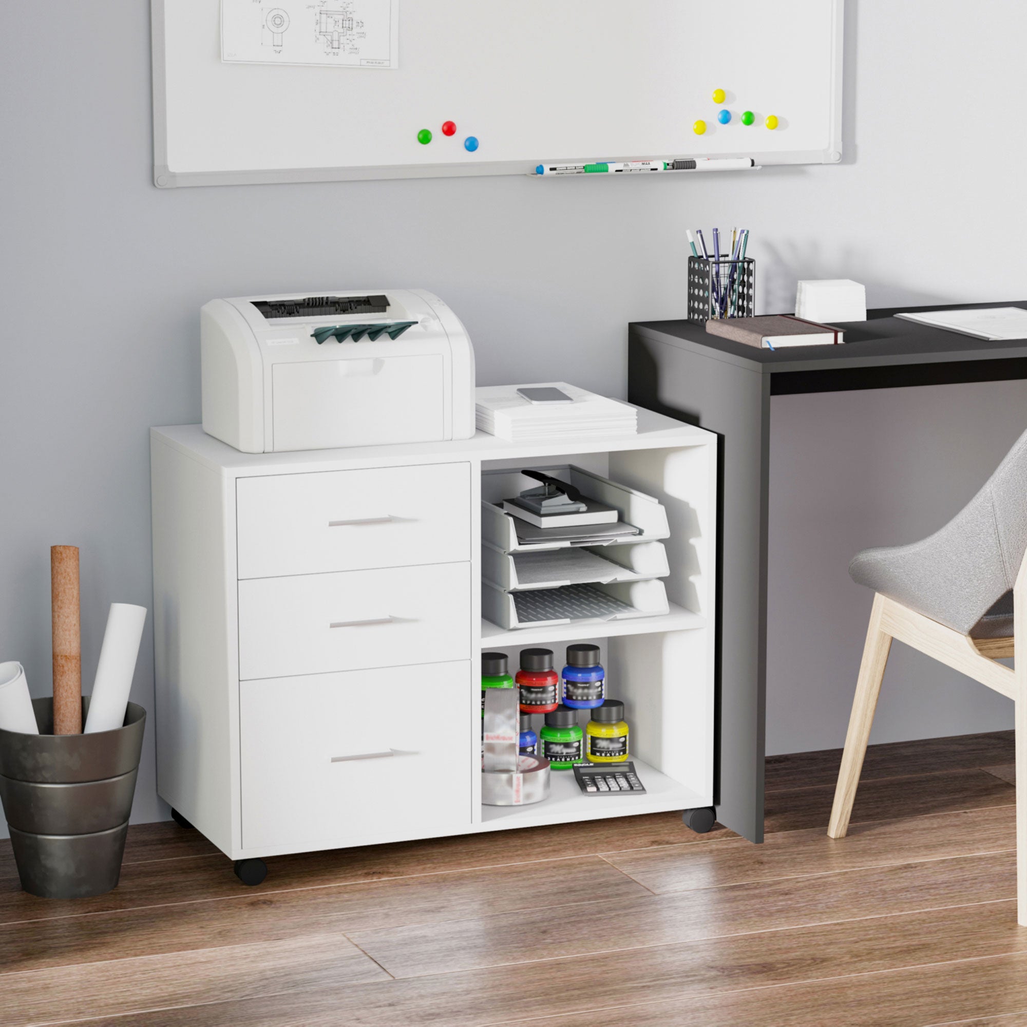 HOMCOM Modern Lateral Filing Cabinet, 3 Drawer File Cabinet for Letter and A4 Size Documents, Mobile, Printer Stand with Open Shelves, Rolling Wheels, White