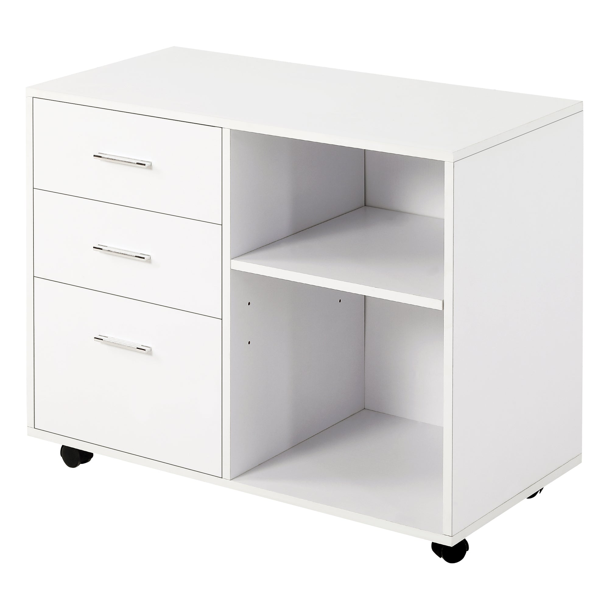 HOMCOM Modern Lateral Filing Cabinet, 3 Drawer File Cabinet for Letter and A4 Size Documents, Mobile, Printer Stand with Open Shelves, Rolling Wheels, White