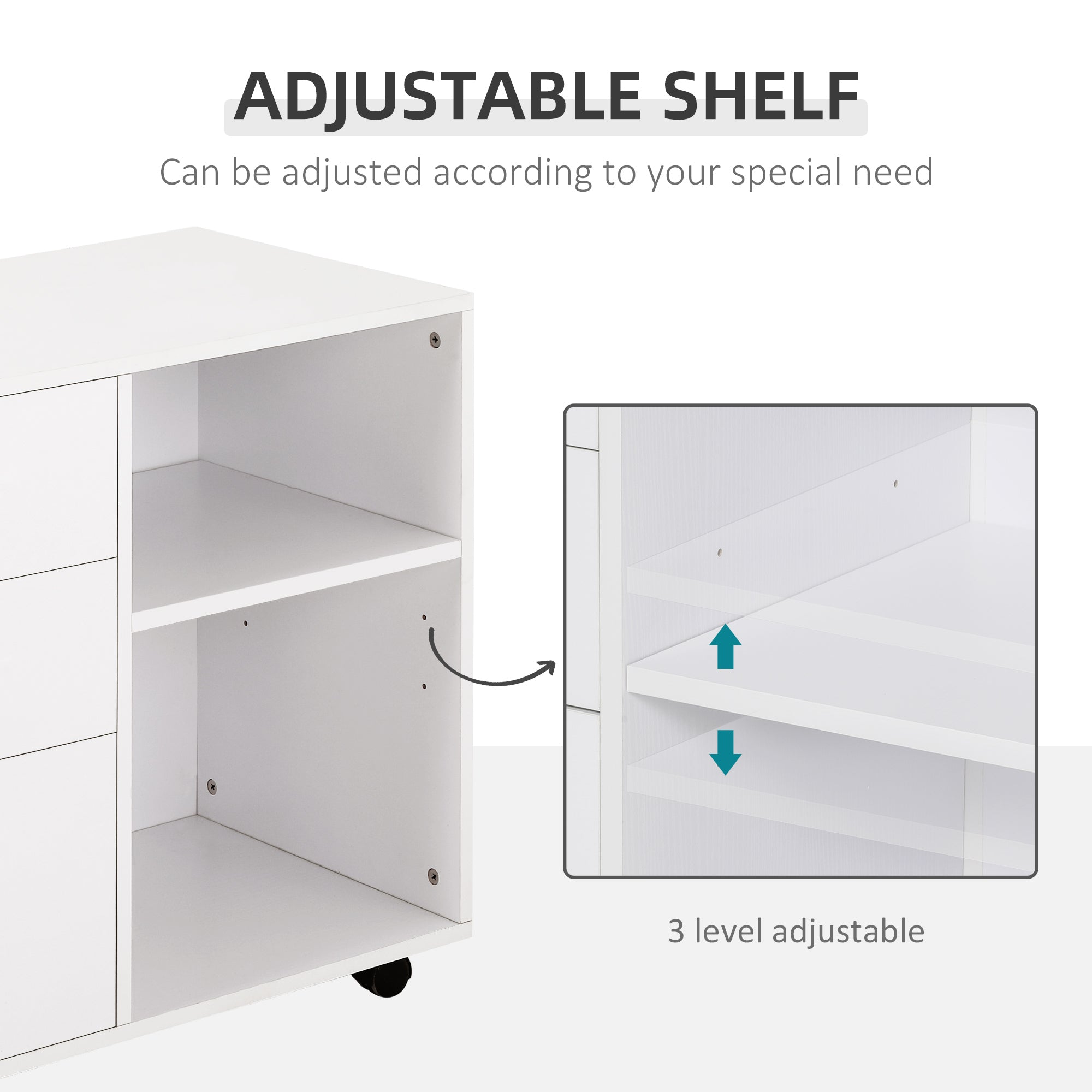 HOMCOM Modern Lateral Filing Cabinet, 3 Drawer File Cabinet for Letter and A4 Size Documents, Mobile, Printer Stand with Open Shelves, Rolling Wheels, White