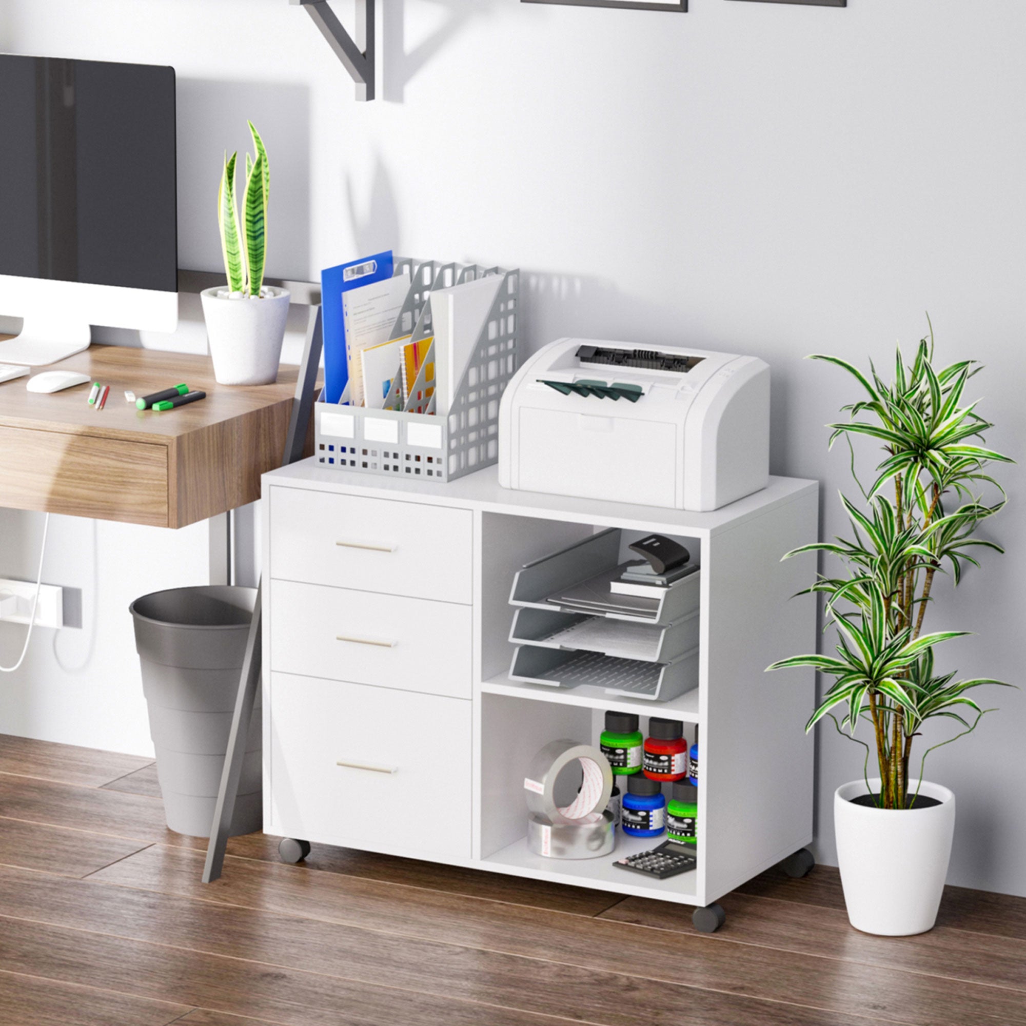 HOMCOM Modern Lateral Filing Cabinet, 3 Drawer File Cabinet for Letter and A4 Size Documents, Mobile, Printer Stand with Open Shelves, Rolling Wheels, White