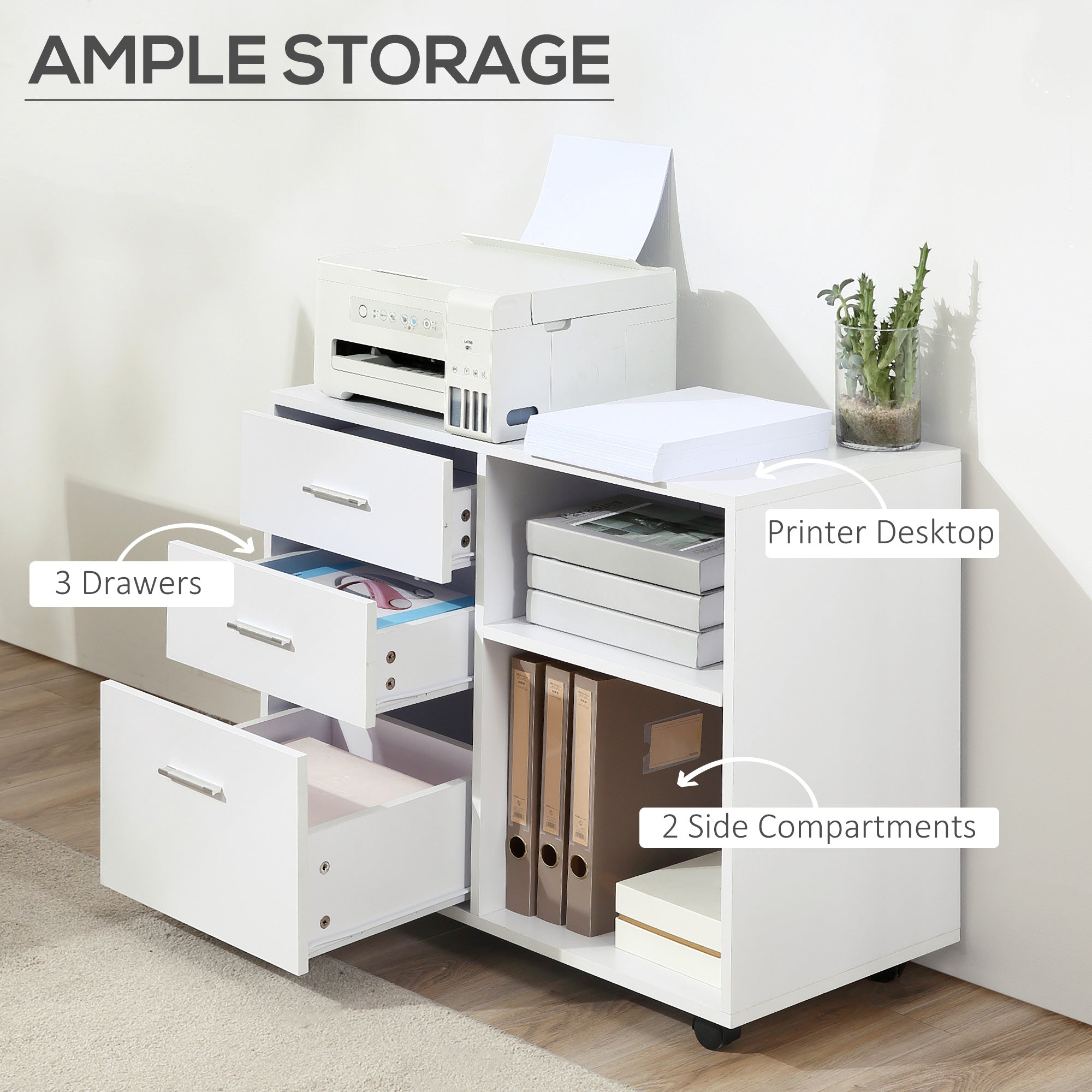 HOMCOM Modern Lateral Filing Cabinet, 3 Drawer File Cabinet for Letter and A4 Size Documents, Mobile, Printer Stand with Open Shelves, Rolling Wheels, White