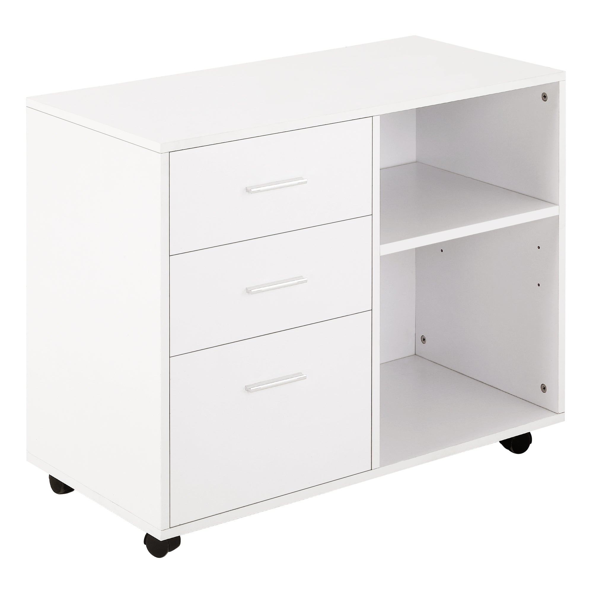 HOMCOM Modern Lateral Filing Cabinet, 3 Drawer File Cabinet for Letter and A4 Size Documents, Mobile, Printer Stand with Open Shelves, Rolling Wheels, White