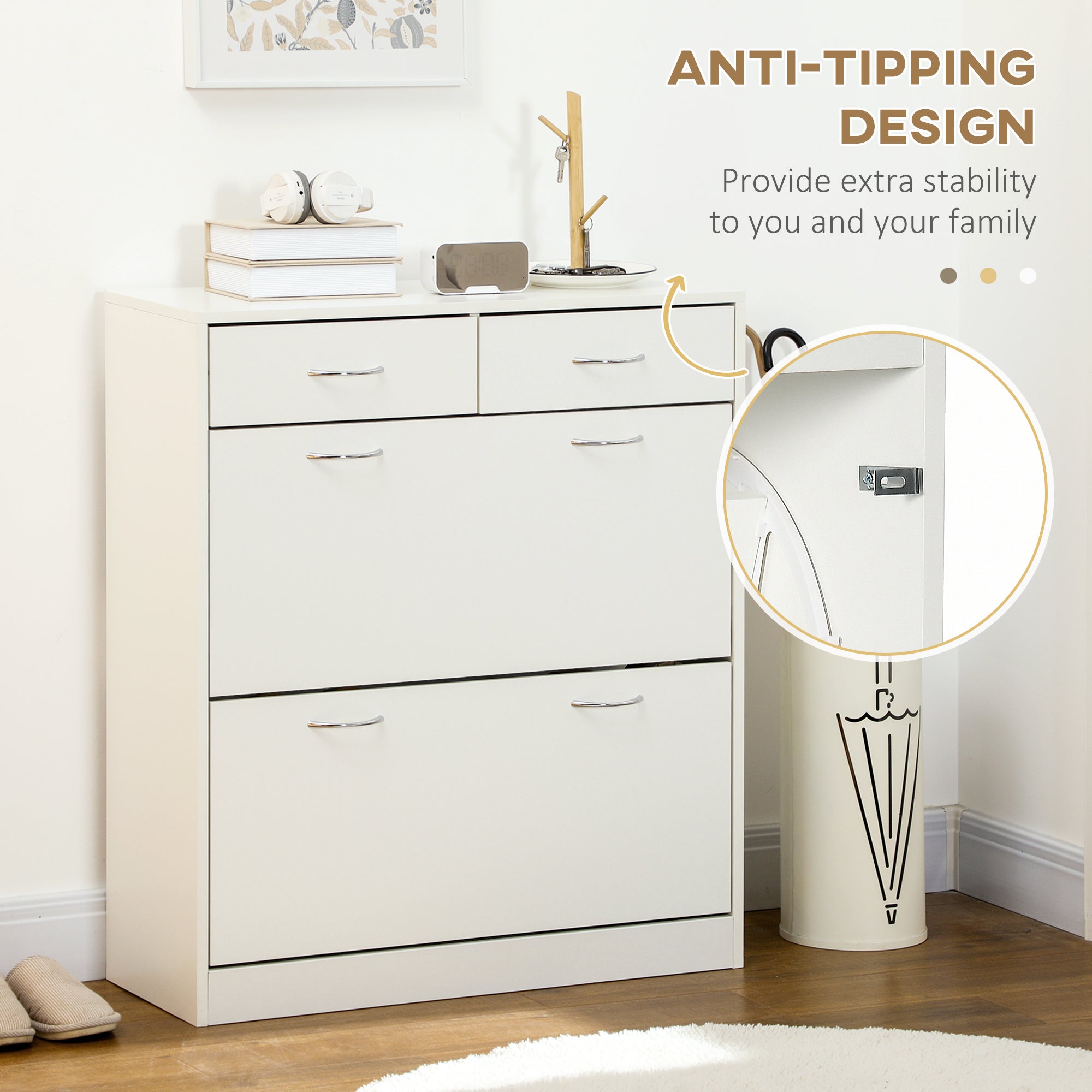 HOMCOM Narrow Shoe Cabinet for Entryway Hallway, Shoe Storage Cabinet with 2 Flip Drawers, 2 Slide Out Drawers and Adjustable Shelves for 12 Pairs of Shoes, White