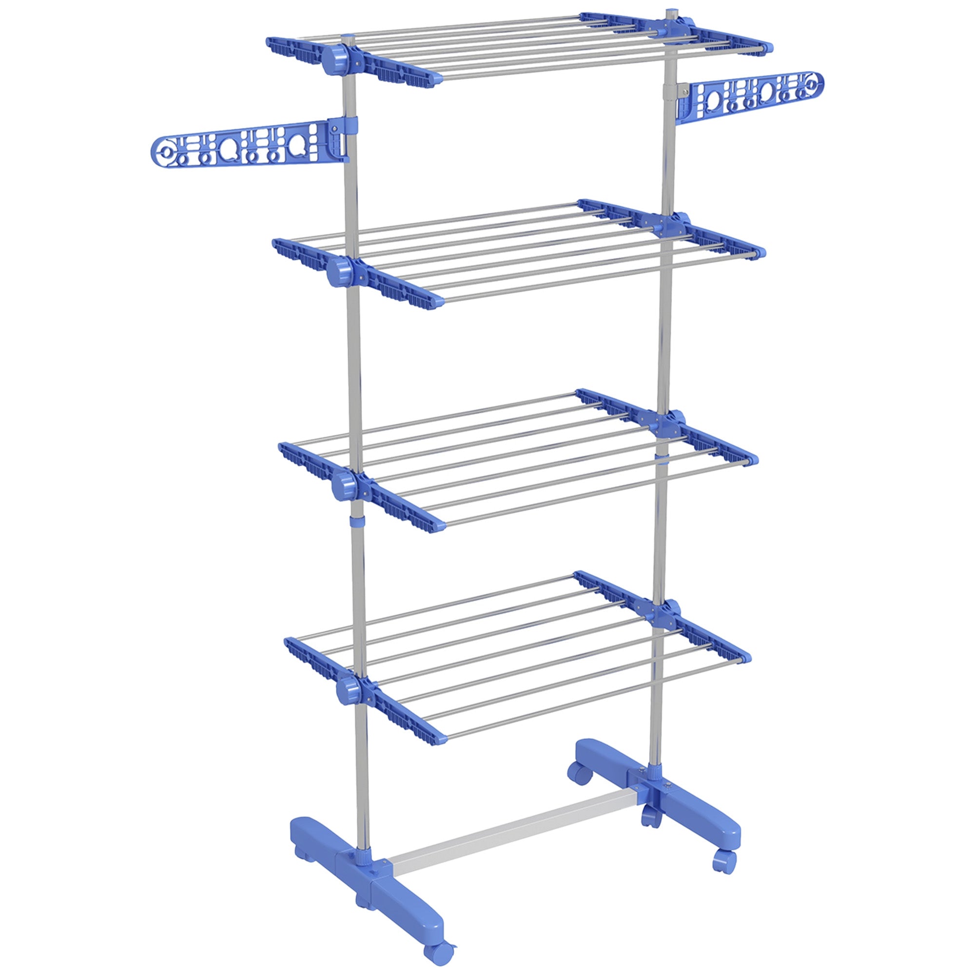 HOMCOM 4-Tier Clothes Drying Rack, Stainless Steel Laundry Rack with 2 Side Wings and 6 Castors, Collapsible Adjustable Clothes Airer for Indoor Outdoor, Blue