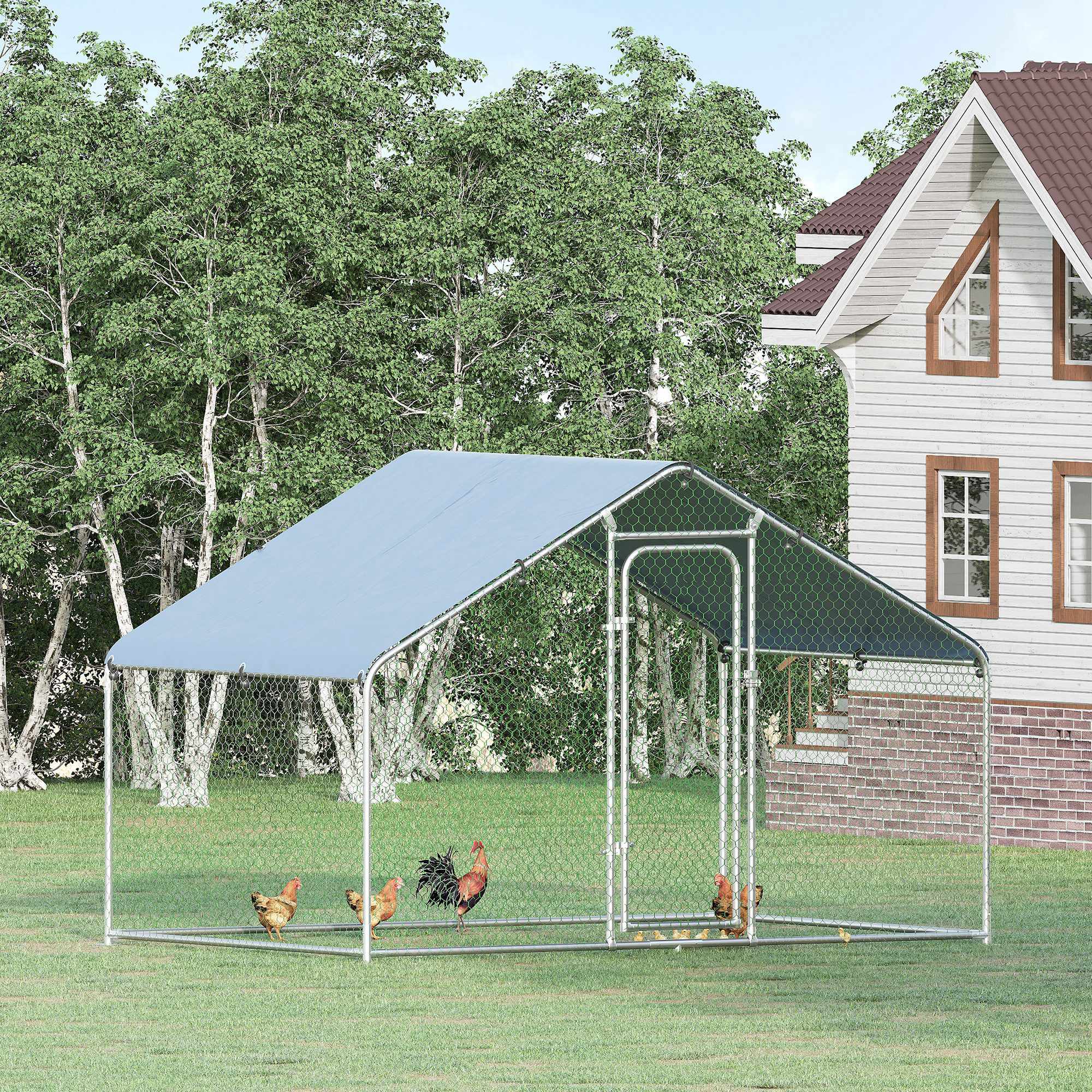 PawHut Large Chicken Coop Metal Chicken Run for Chicken with Waterproof and Anti-UV Cover, Spire Shaped Walk-in Fence Cage Hen House for Outdoor and Yard Farm Use, 1.26" Dia, 9.8' x 6.6' x 6.4'