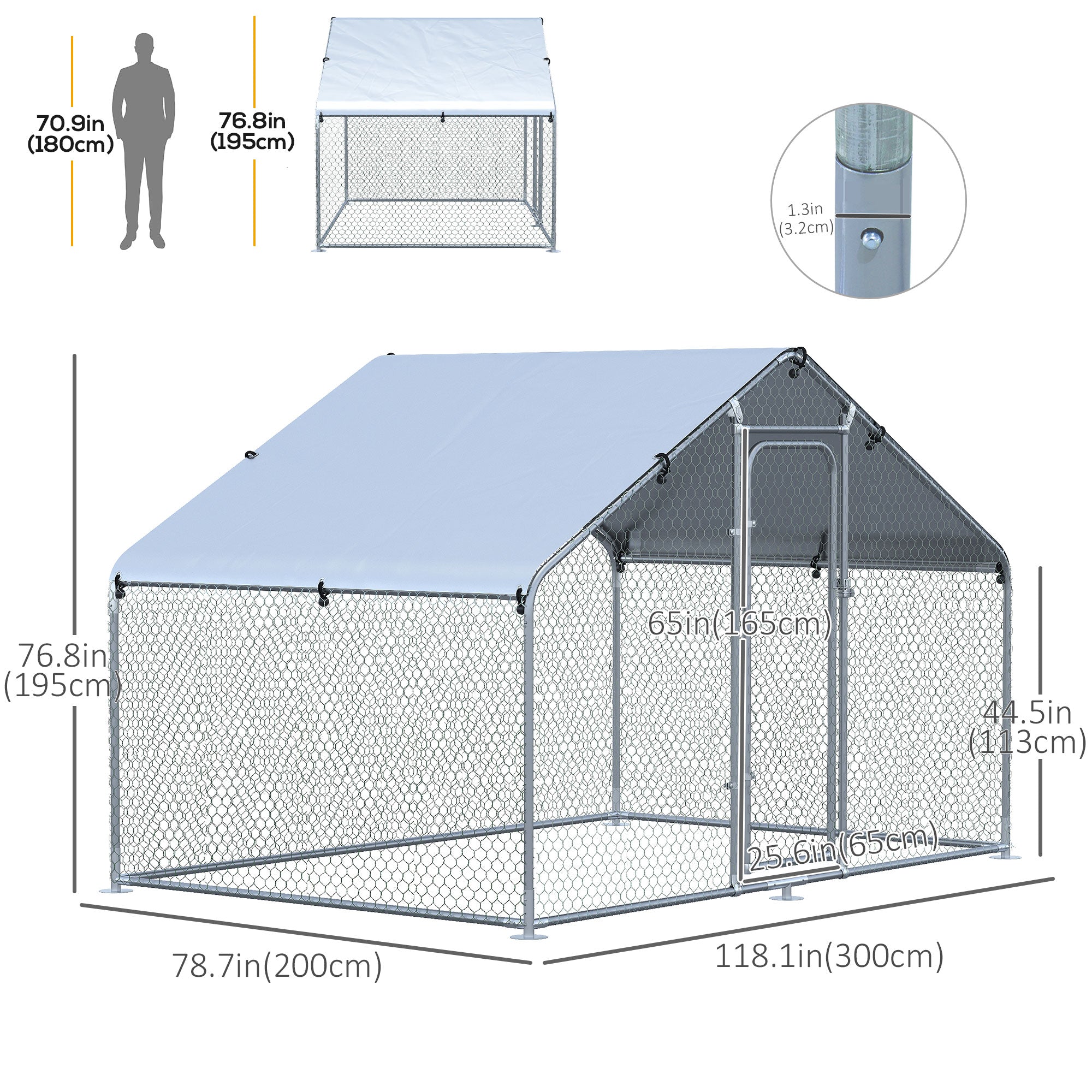 PawHut 9.8' x 6.6' Metal Chicken Coop, Galvanized Walk-in Hen House, Poultry Cage with 1.25" Tube, Waterproof UV-Protection Cover for Rabbits, Ducks