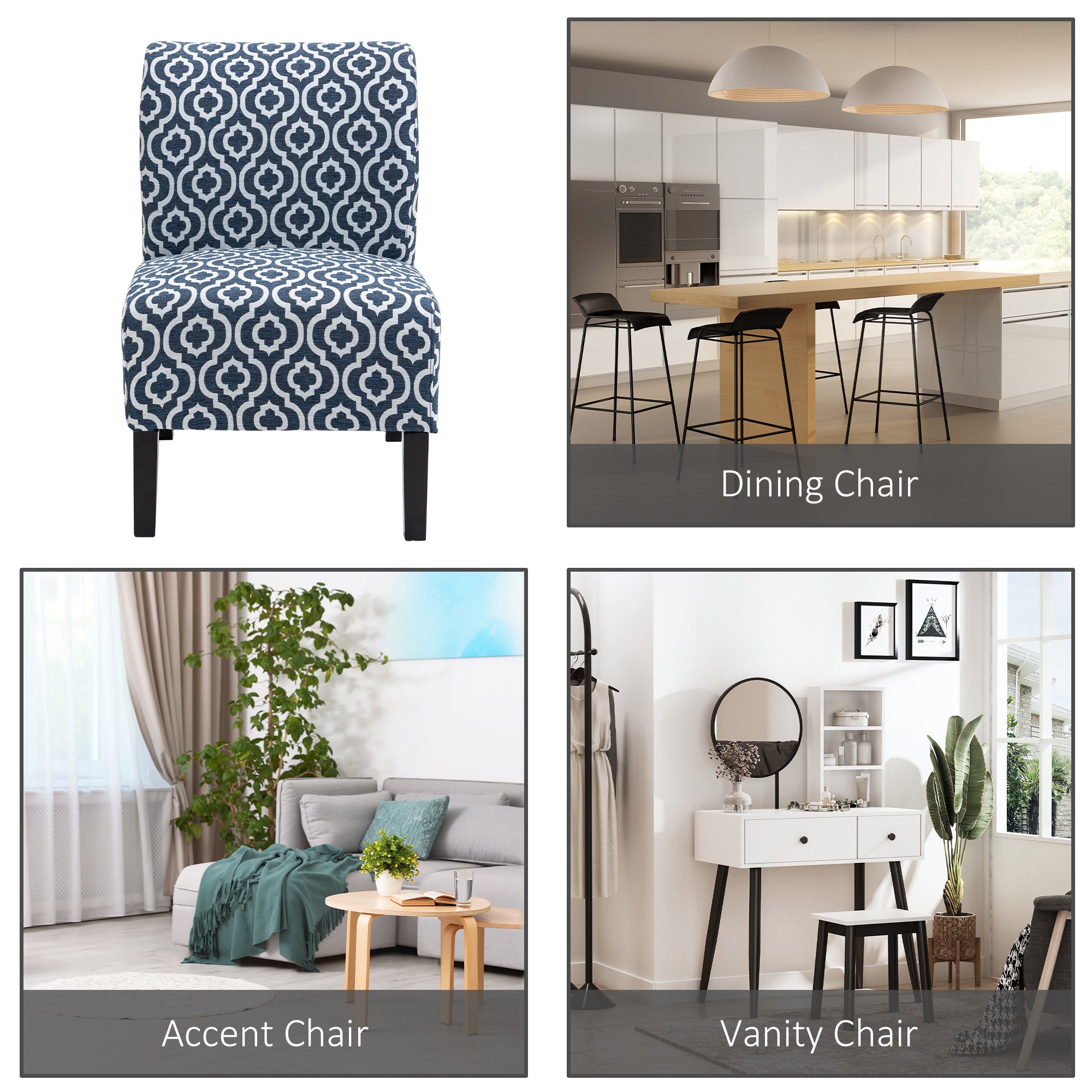 HOMCOM Armless Accent Chair for Bedroom, Upholstered Slipper Side Chair for Living Room with Wood Legs, Blue